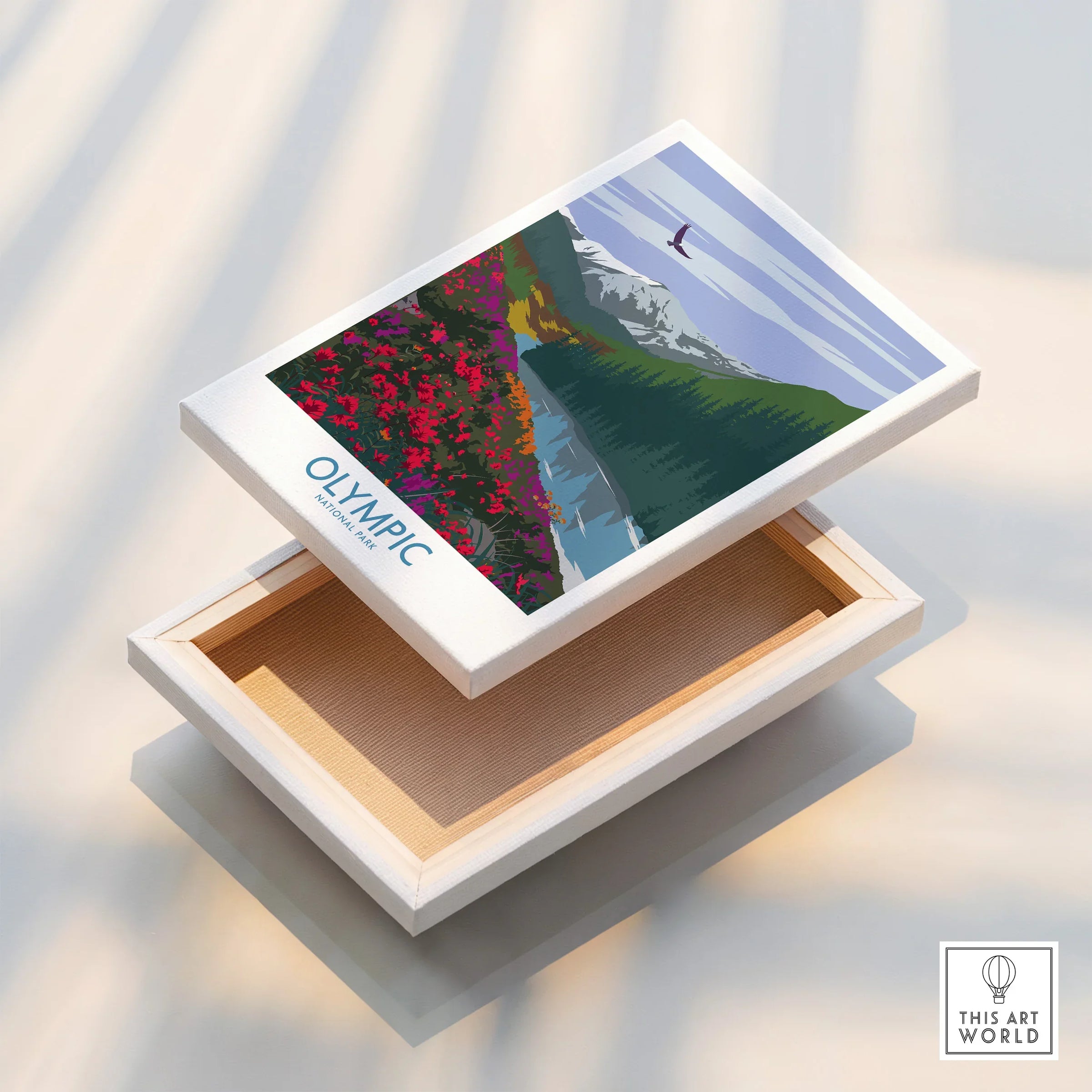 Olympic National Park stretched canvas print featuring mountains, forest, and wildflowers.