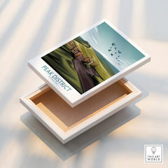 Peak District National Park canvas print with scenic landscape and birds, floating frame detail