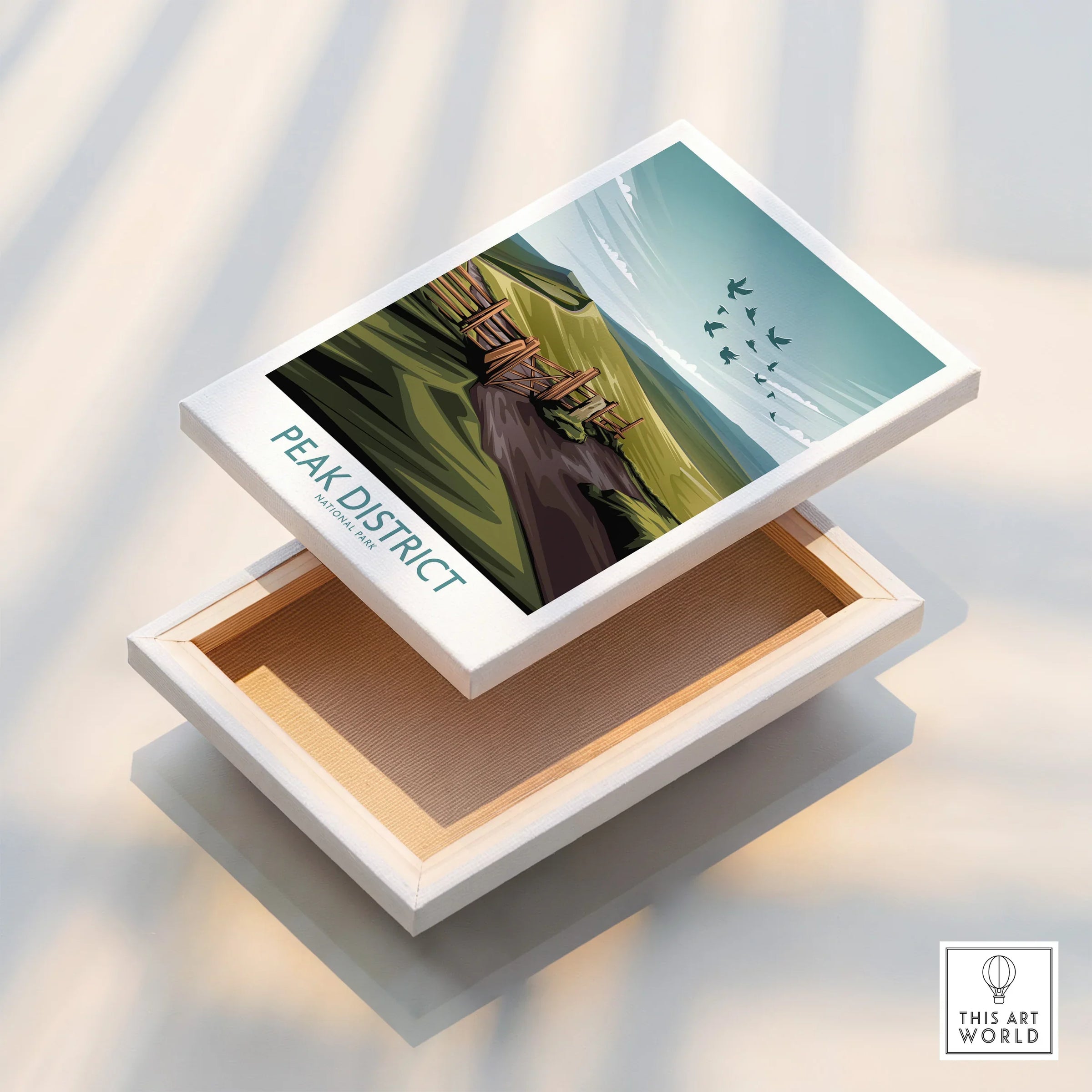 Peak District National Park canvas print with scenic landscape and birds, floating frame detail