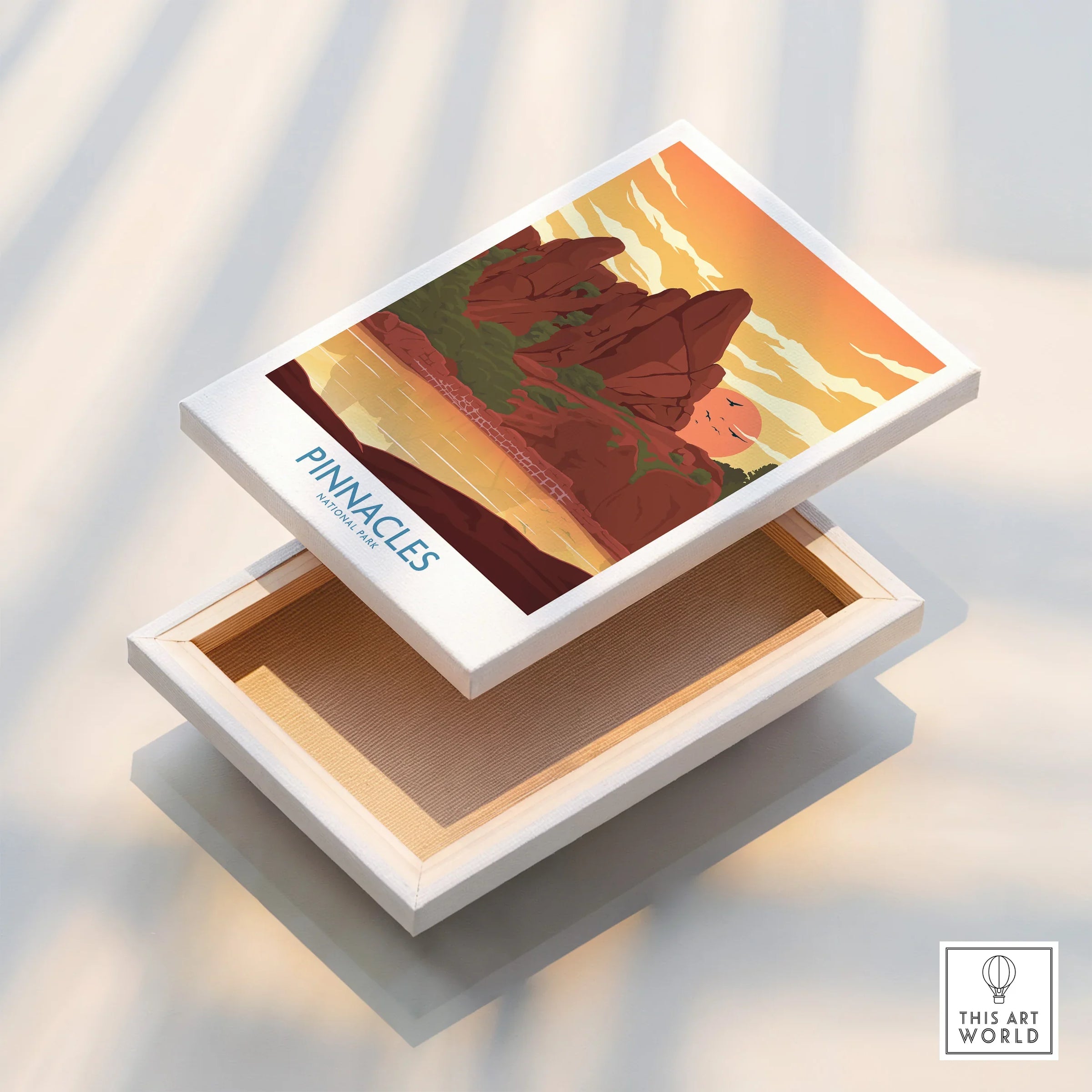 Pinnacles National Park sunset art print on stretched canvas with floating frame detail.