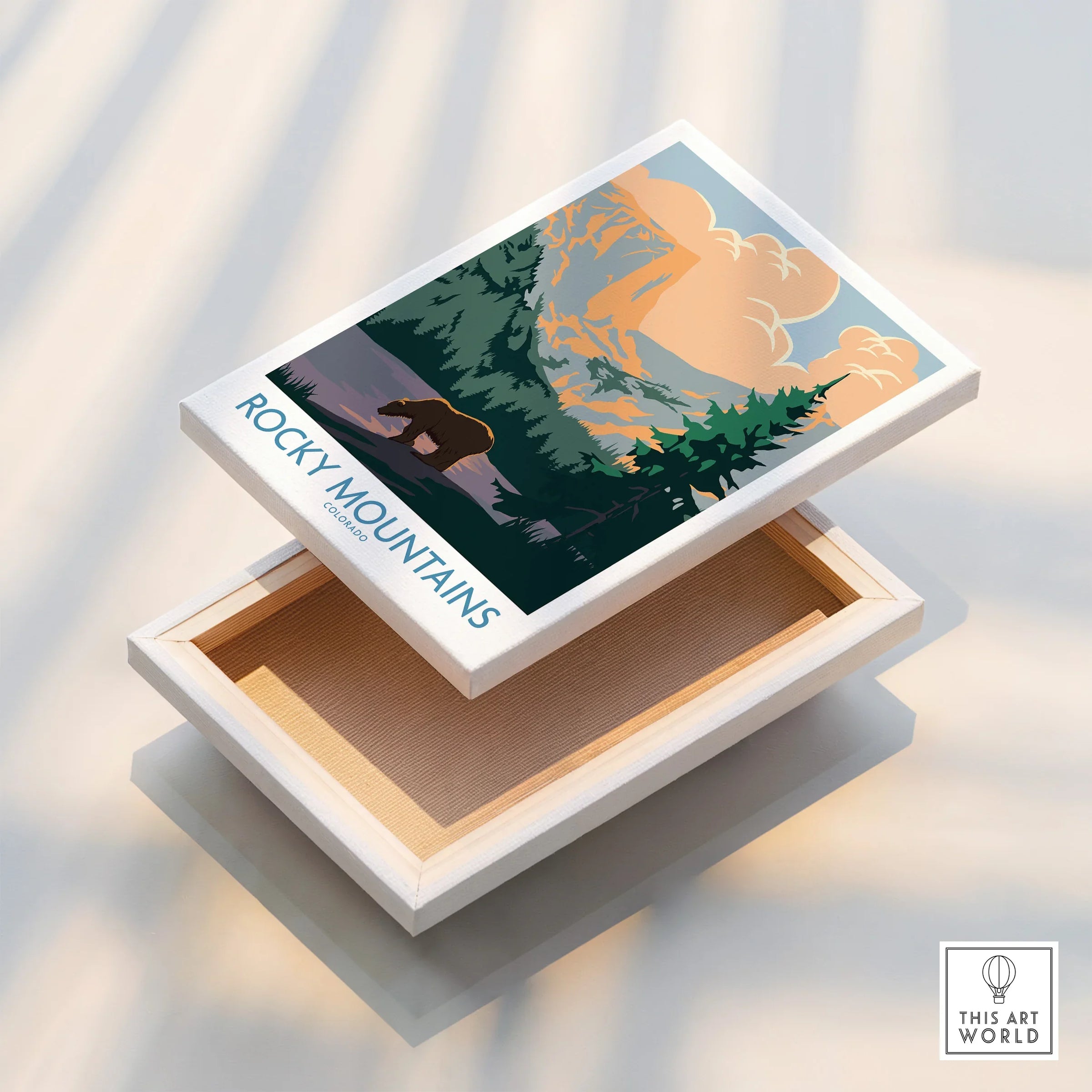 Rocky Mountains Colorado wall art print with bear, pine forest, and mountain landscape.