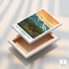 Rocky Mountain National Park wall art print with elk, wildflowers, and mountain sunset on canvas.