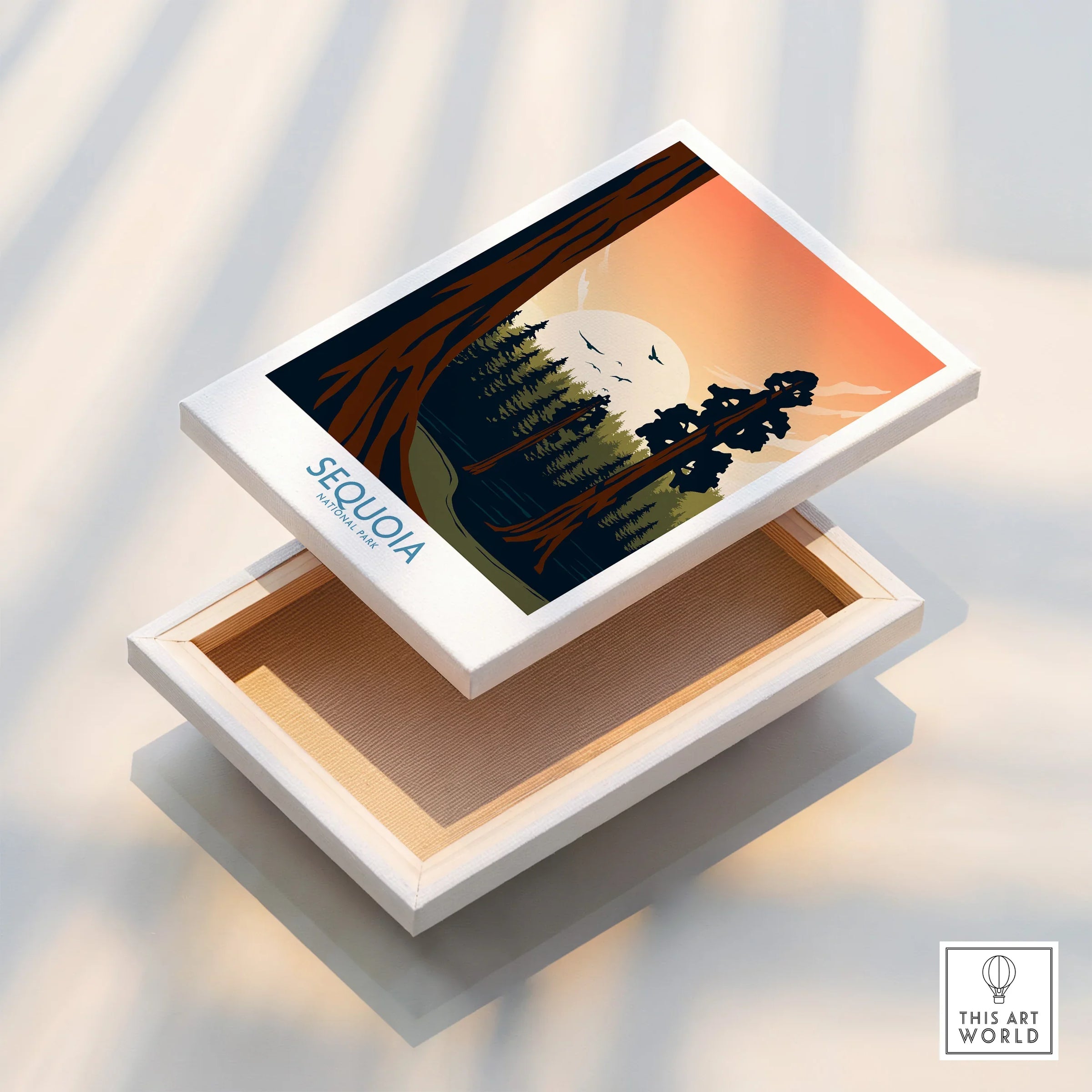 Sequoia National Park stretched canvas print with forest silhouette and sunset illustration.