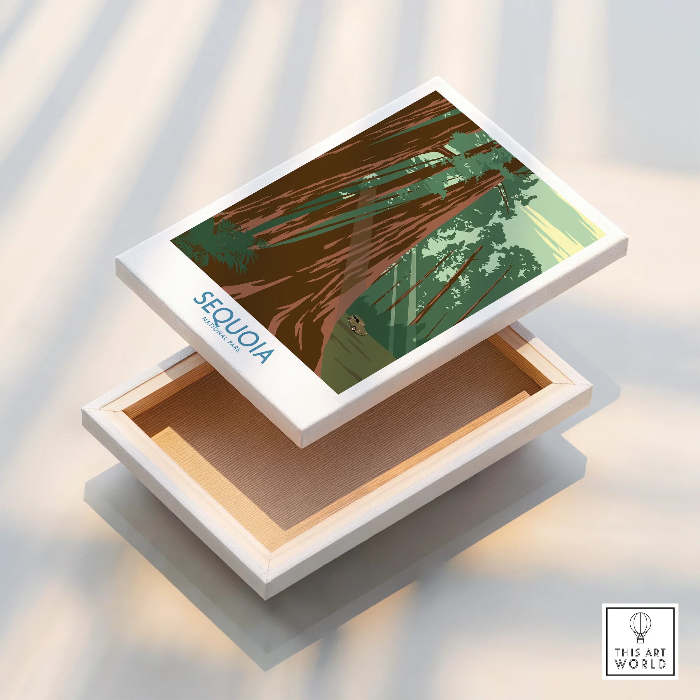 Sequoia National Park art print on floating stretched canvas with redwood forest illustration