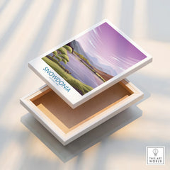 Snowdonia National Park stretched canvas wall art with mountain and lake illustration