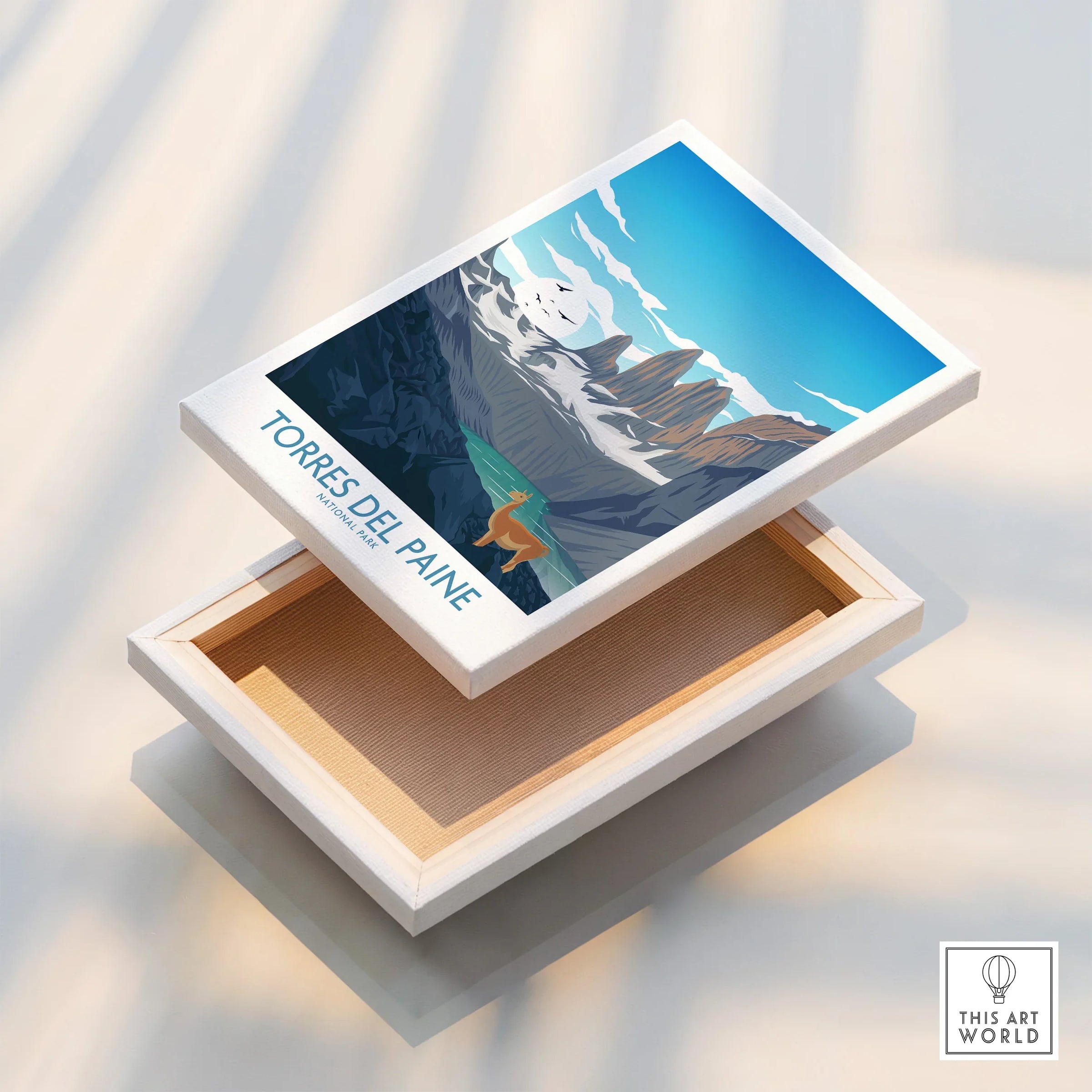 Torres del Paine stretched canvas print with colorful landscape art and mountains.