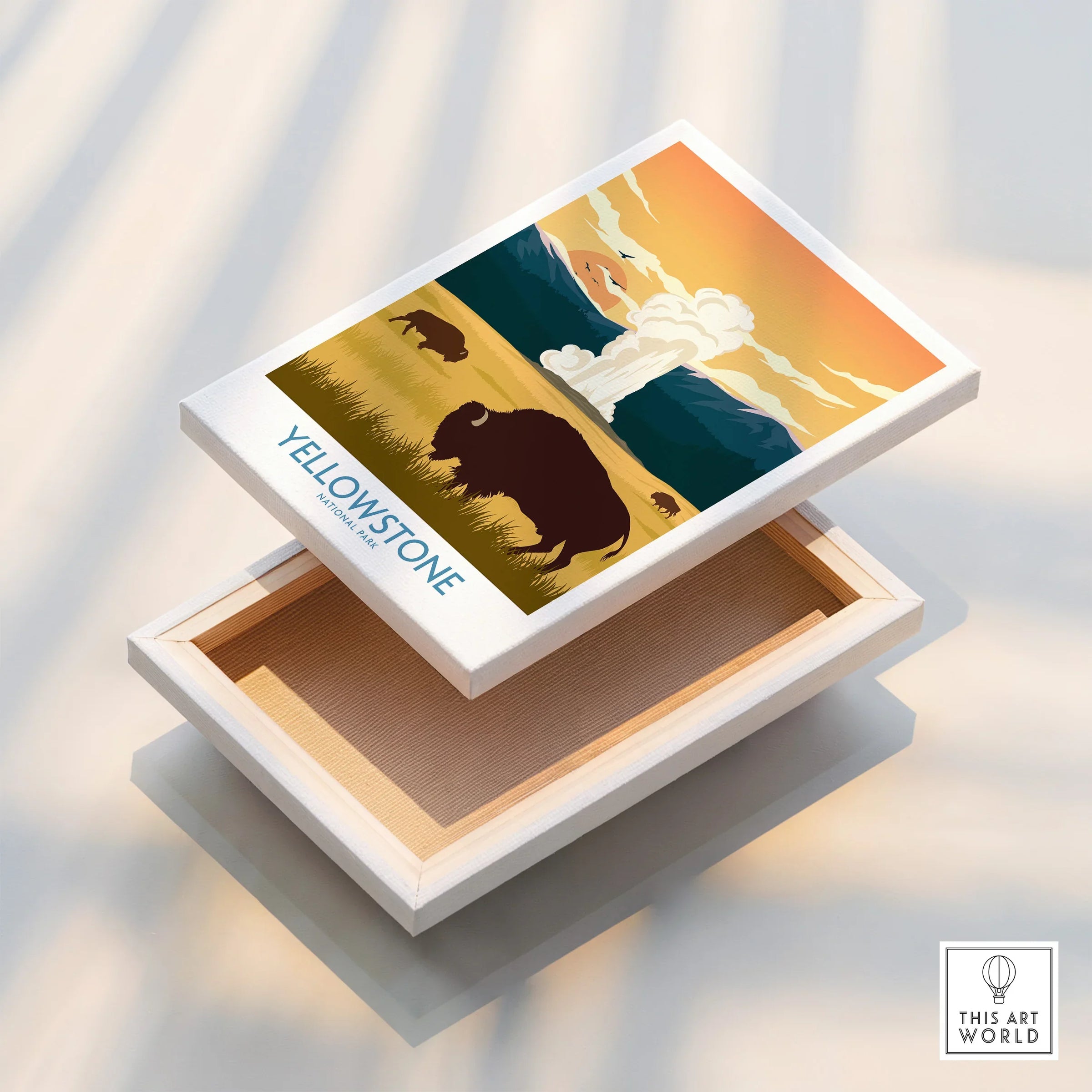 Yellowstone National Park canvas wall art with bison, geyser, and sunset landscape.