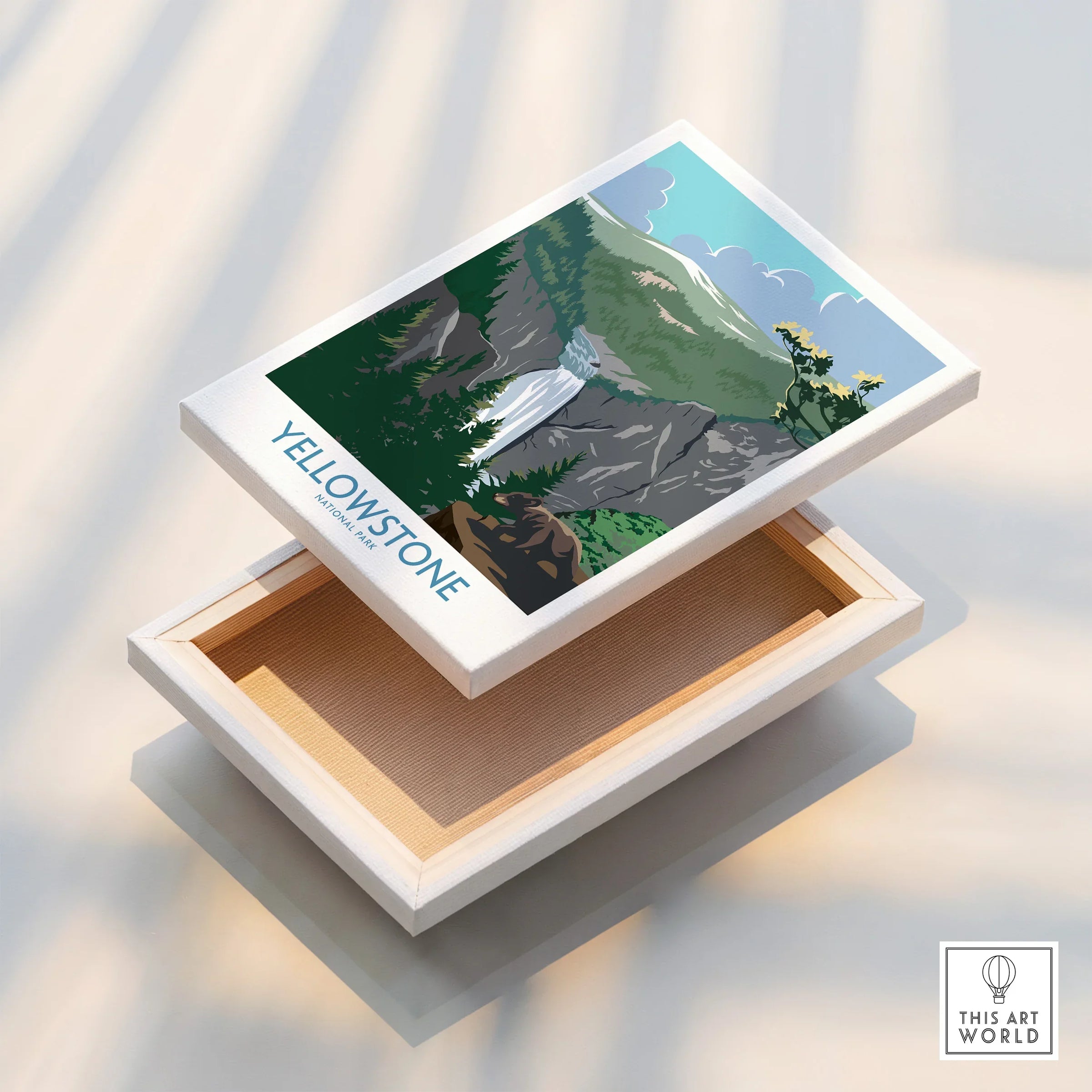 Yellowstone National Park stretched canvas print with waterfall landscape illustration.