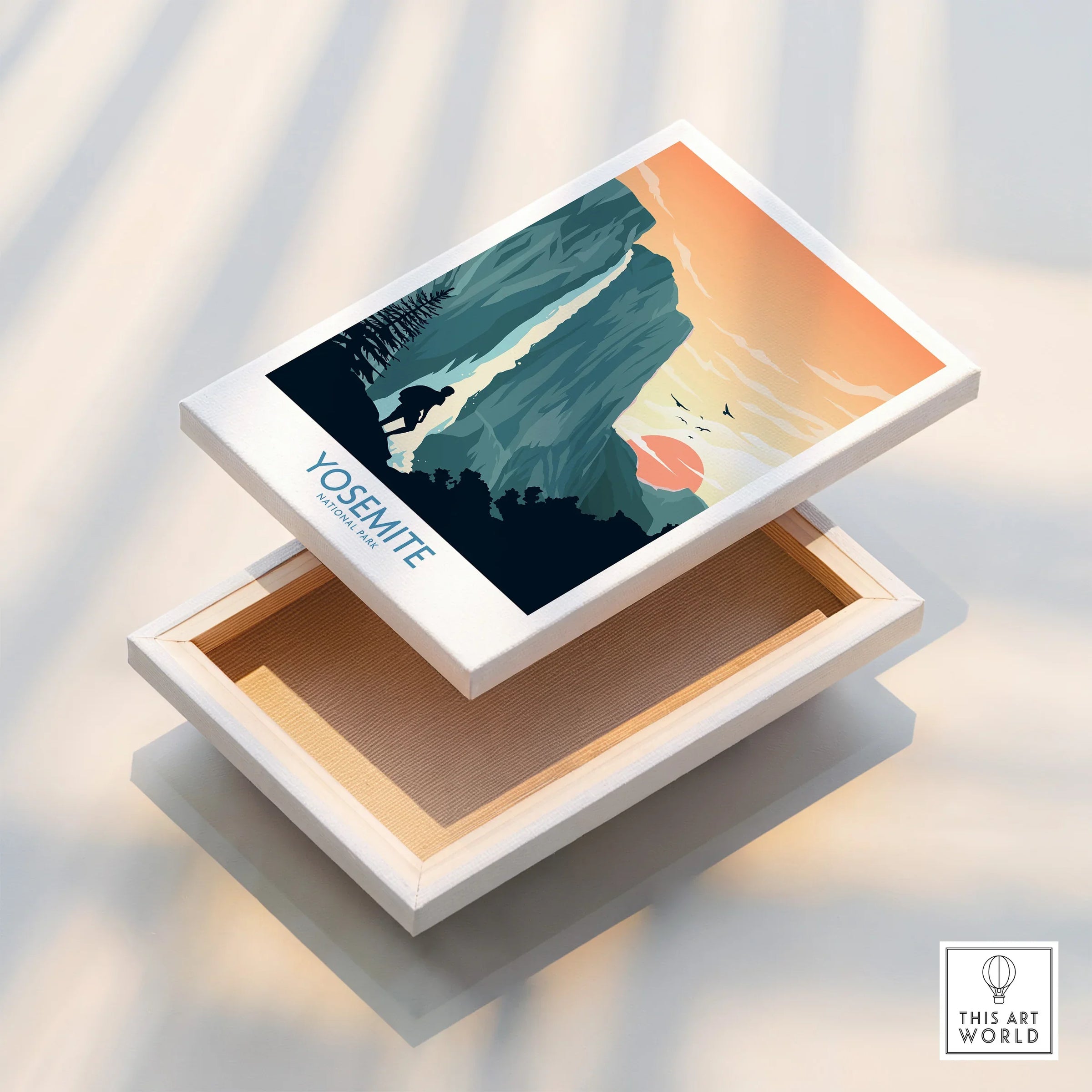 Yosemite National Park sunset poster art on floating canvas print with mountains and hiker.