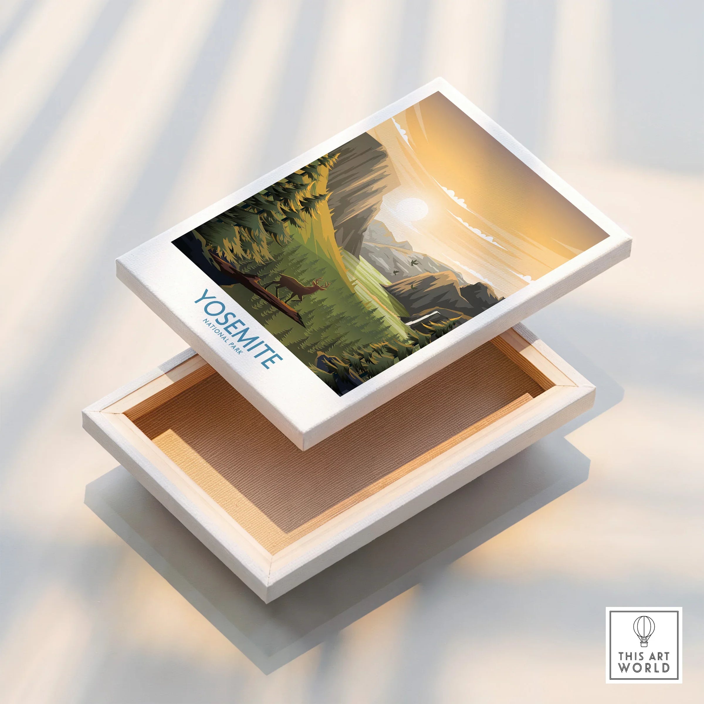 Yosemite National Park canvas wall art print featuring sunrise, pine trees, and mountains.