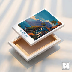 Madeira Portugal travel poster stretched canvas print with coastal villa and mountain view.