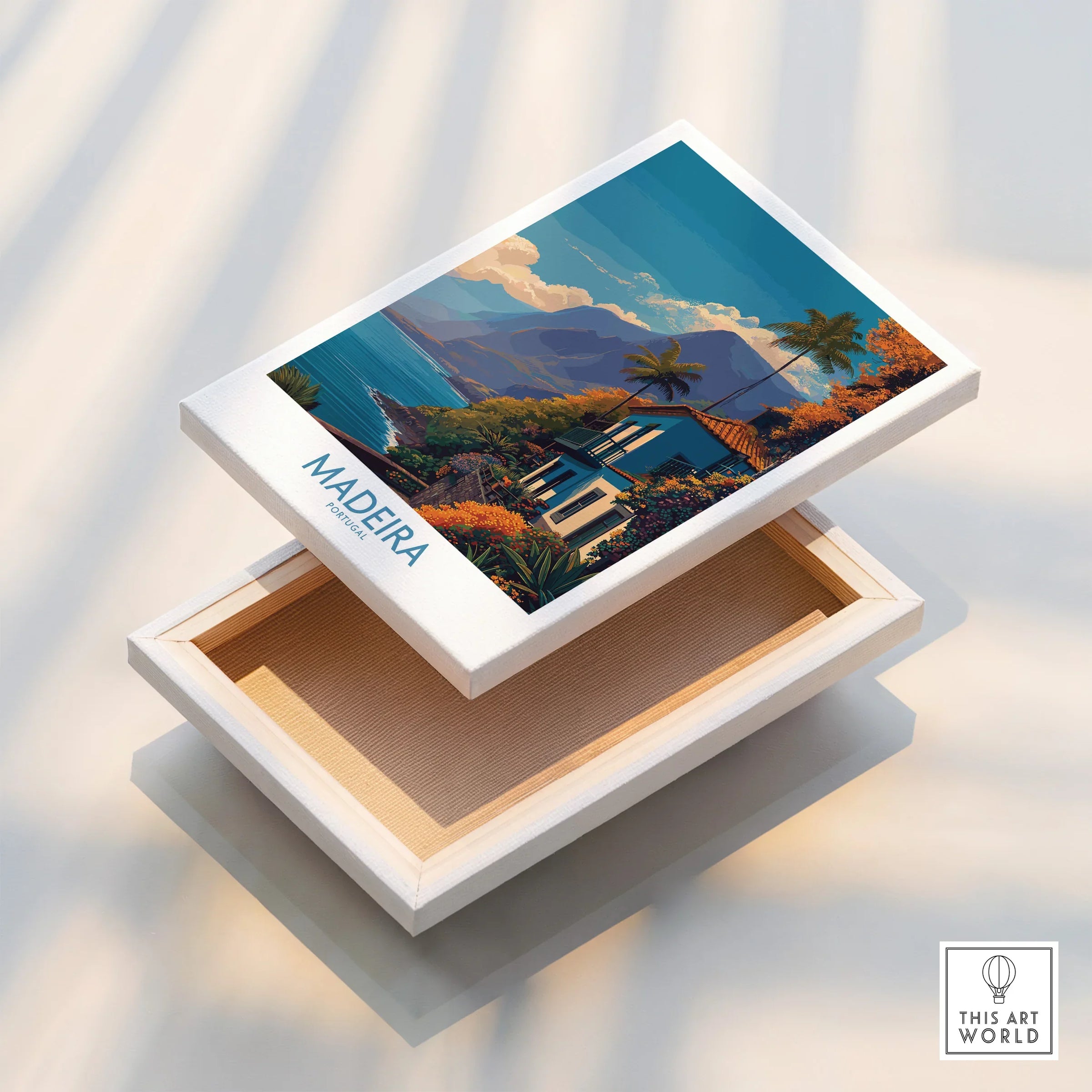Madeira Portugal travel poster stretched canvas print with coastal villa and mountain view.