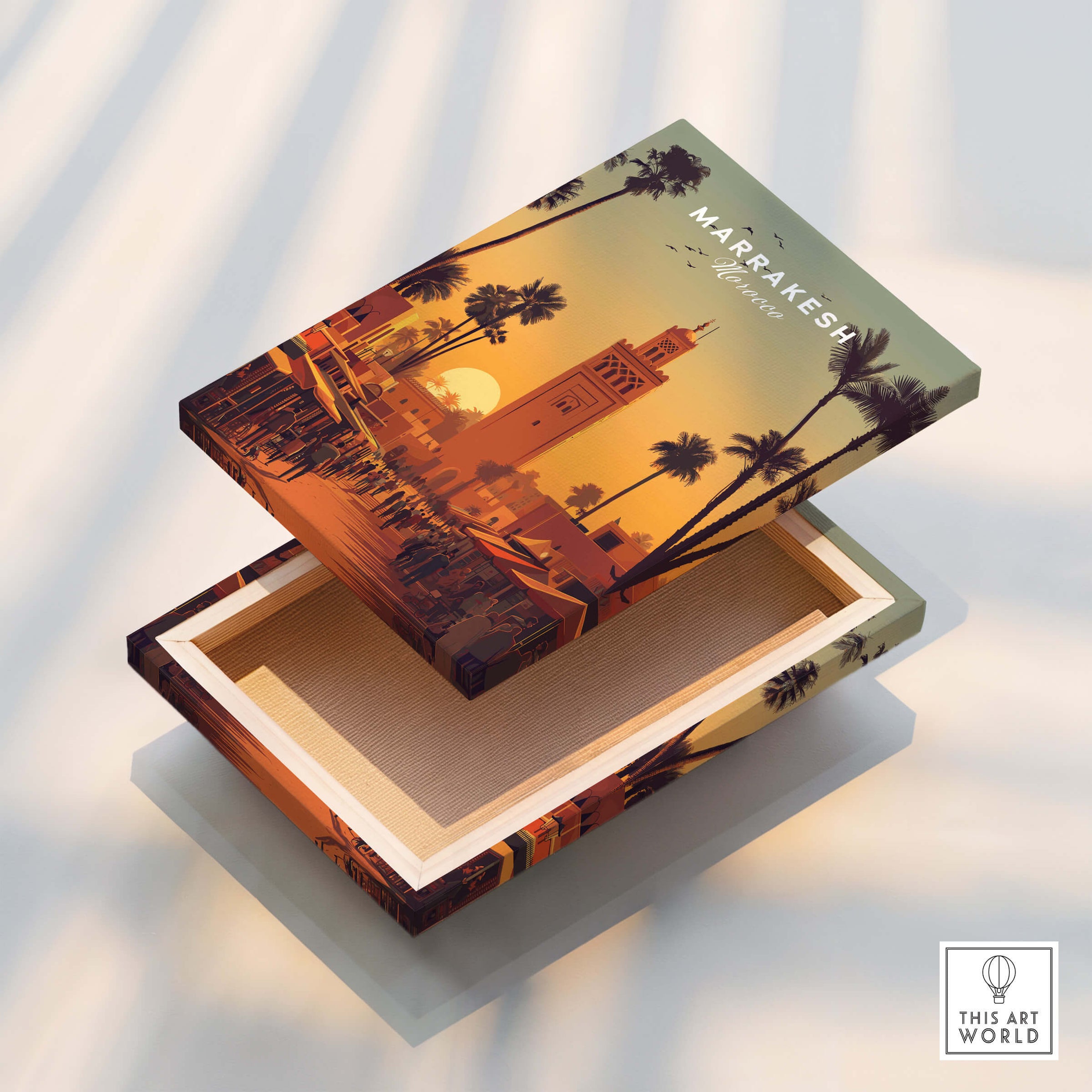 Marrakesh Morocco Wall Art Print | Koutoubia Mosque Travel Posters illustration on decorative box.