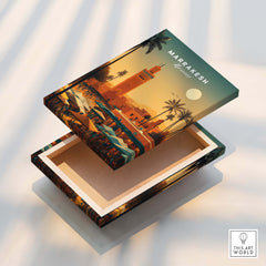 Marrakesh Morocco Wall Art Print | Bustling City Market Travel Posters decorative box featuring iconic cityscape.