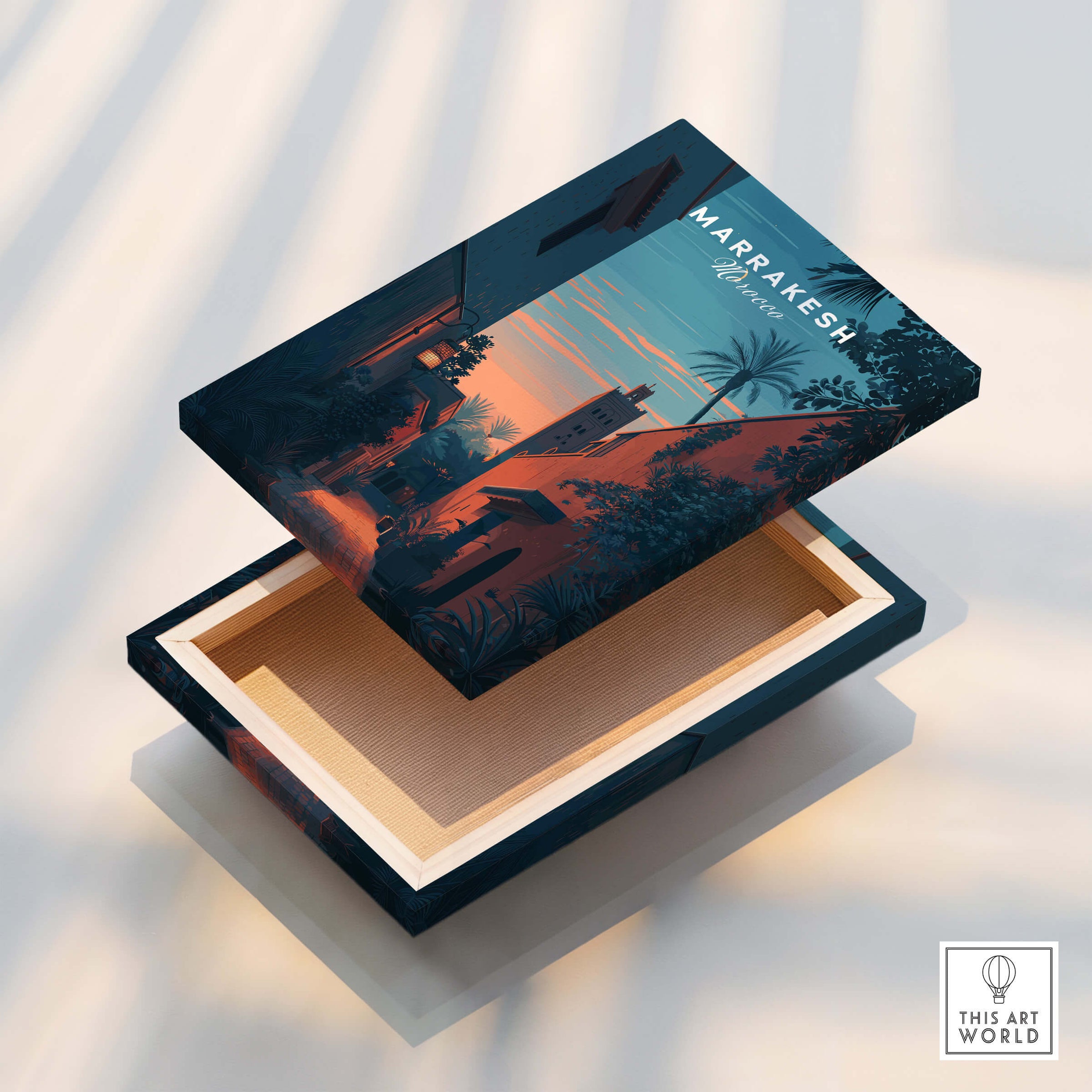 Marrakesh Morocco Travel Poster | Medina Alleyway Twilight Wall Art Print decorative box with vivid illustrations.