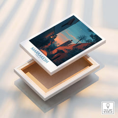 Marrakesh Morocco Canvas Print | Cityscape Poster displayed on a decorative box.
