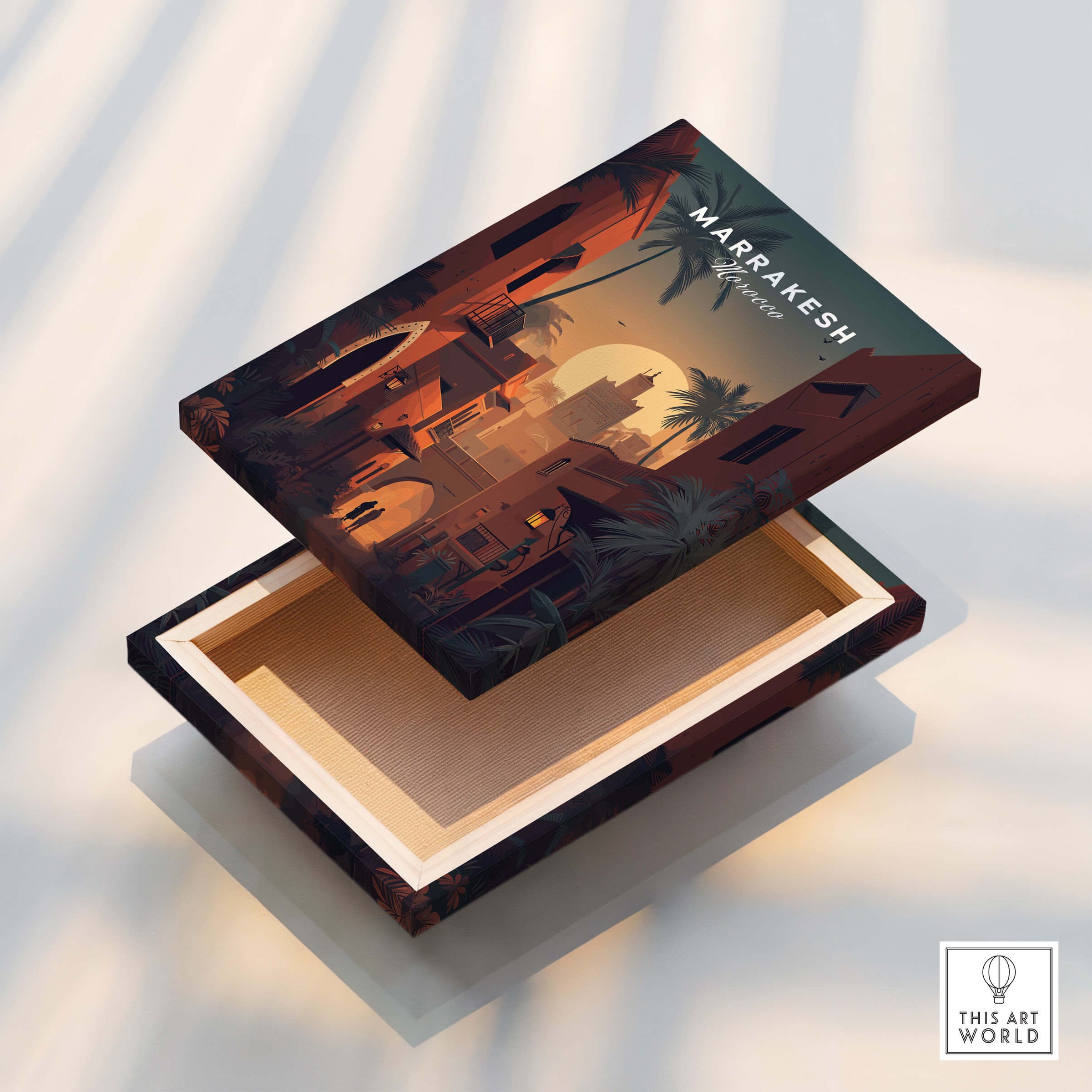 Marrakesh Morocco Wall Art Print | Sunset Medina Alleyway Travel Poster displayed on an open box.