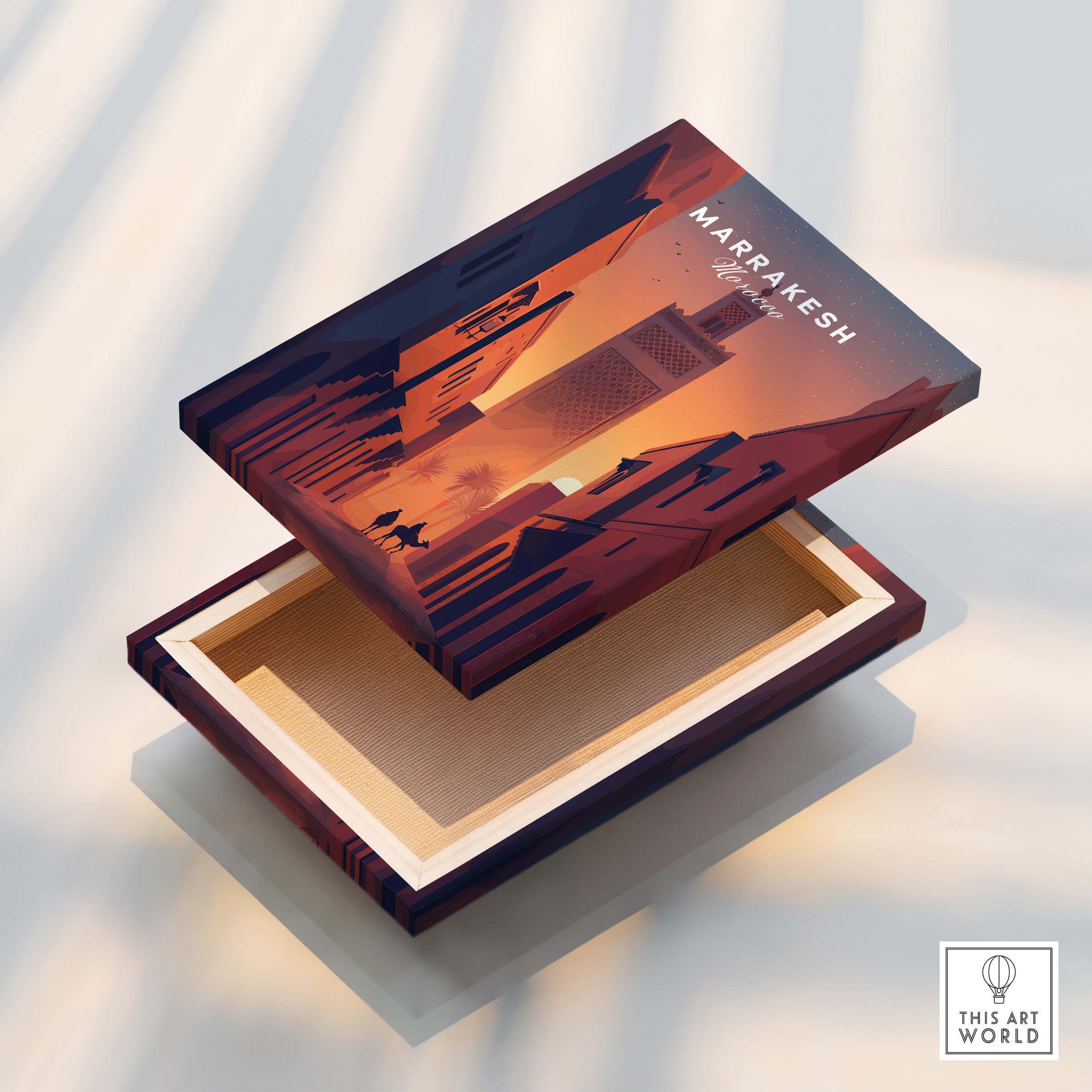 Marrakesh Morocco Travel Poster | Iconic Koutoubia Minaret Wall Art Print on a decorative box.
