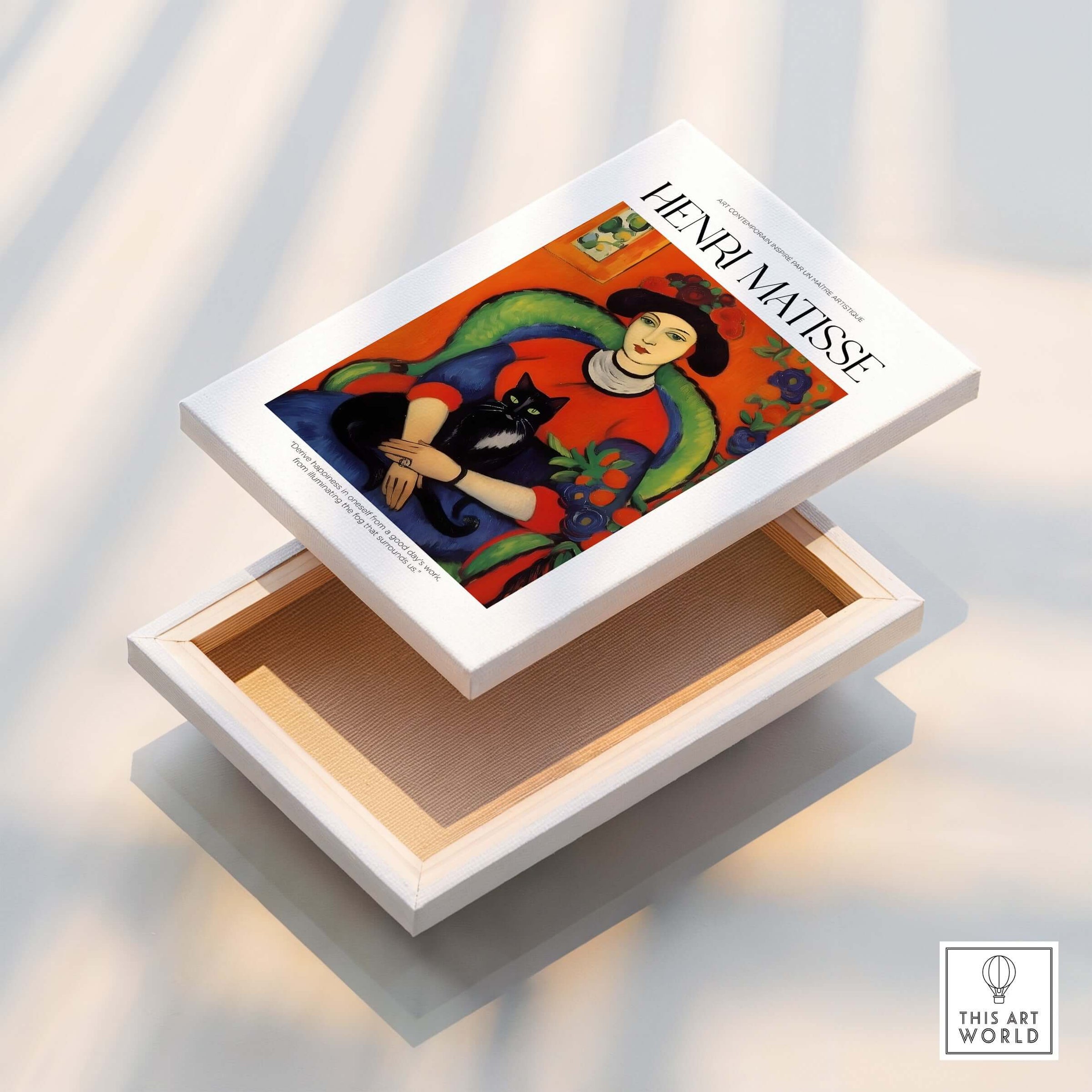 Matisse Art Prints - Woman with Black Cat Interior Poster box featuring the iconic artwork and vibrant colors of Henri Matisse.