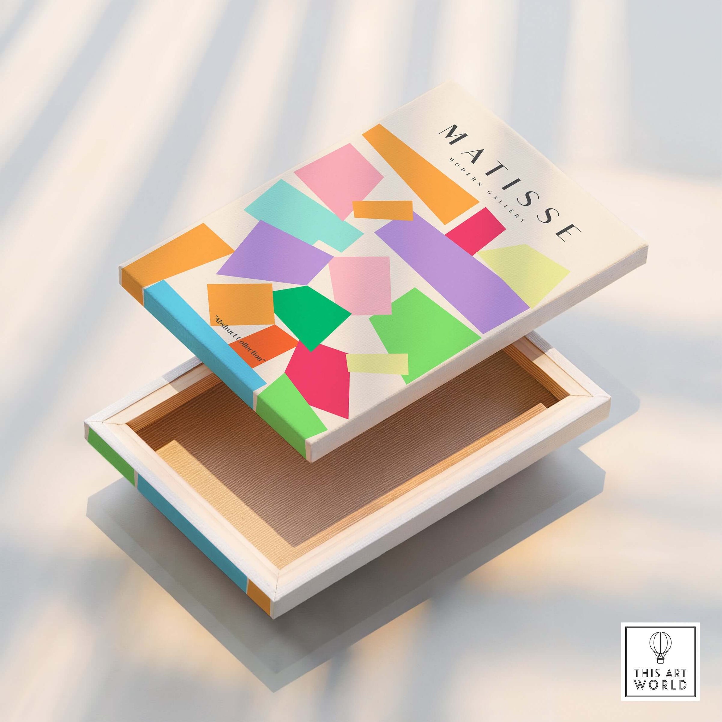 Matisse Art Prints - Colorful Geometric Shapes Abstract Print displayed on a geometric-patterned box.