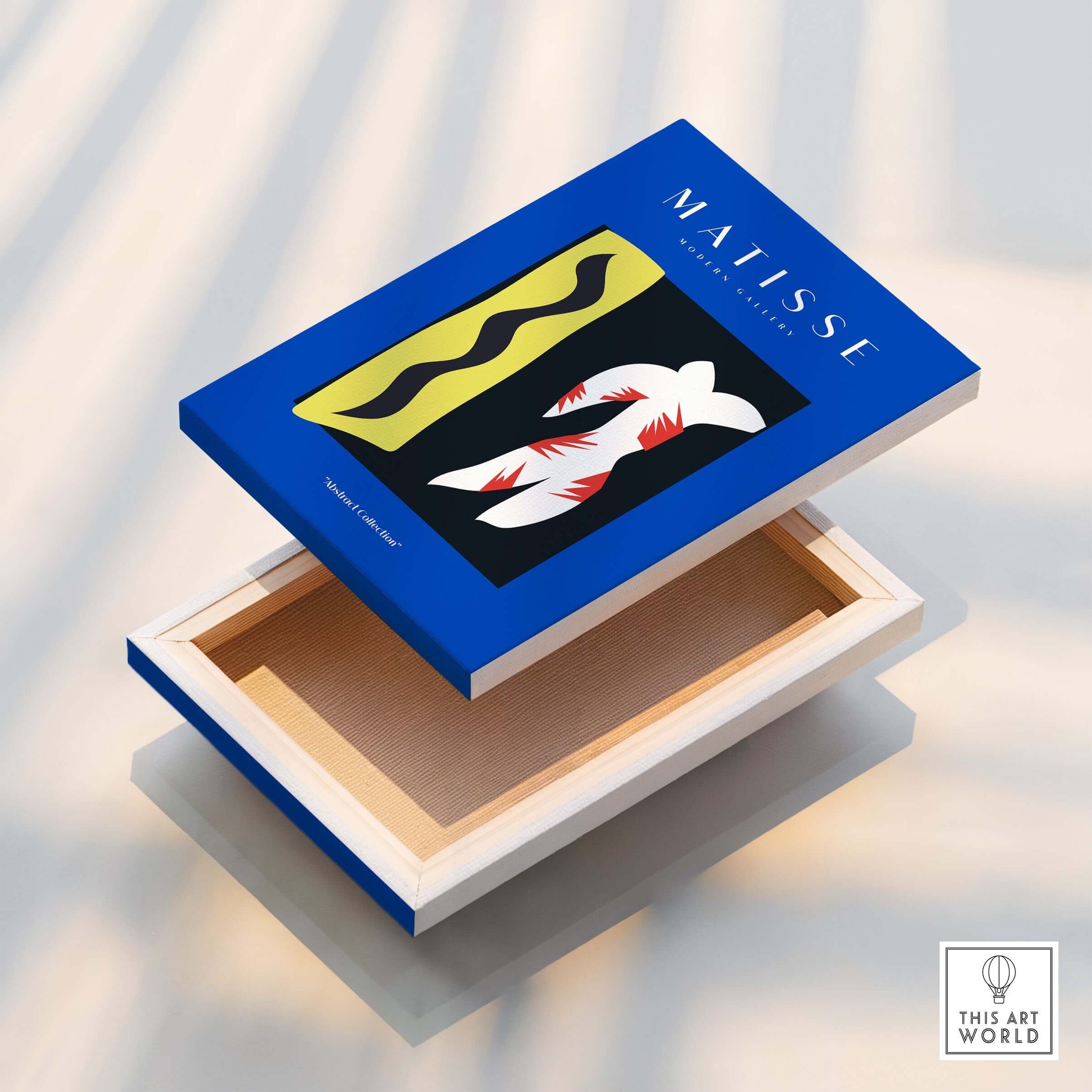 Matisse Art Prints - Icarus Jazz Abstract Art Print Blue displayed on a vibrant blue background with striking designs.