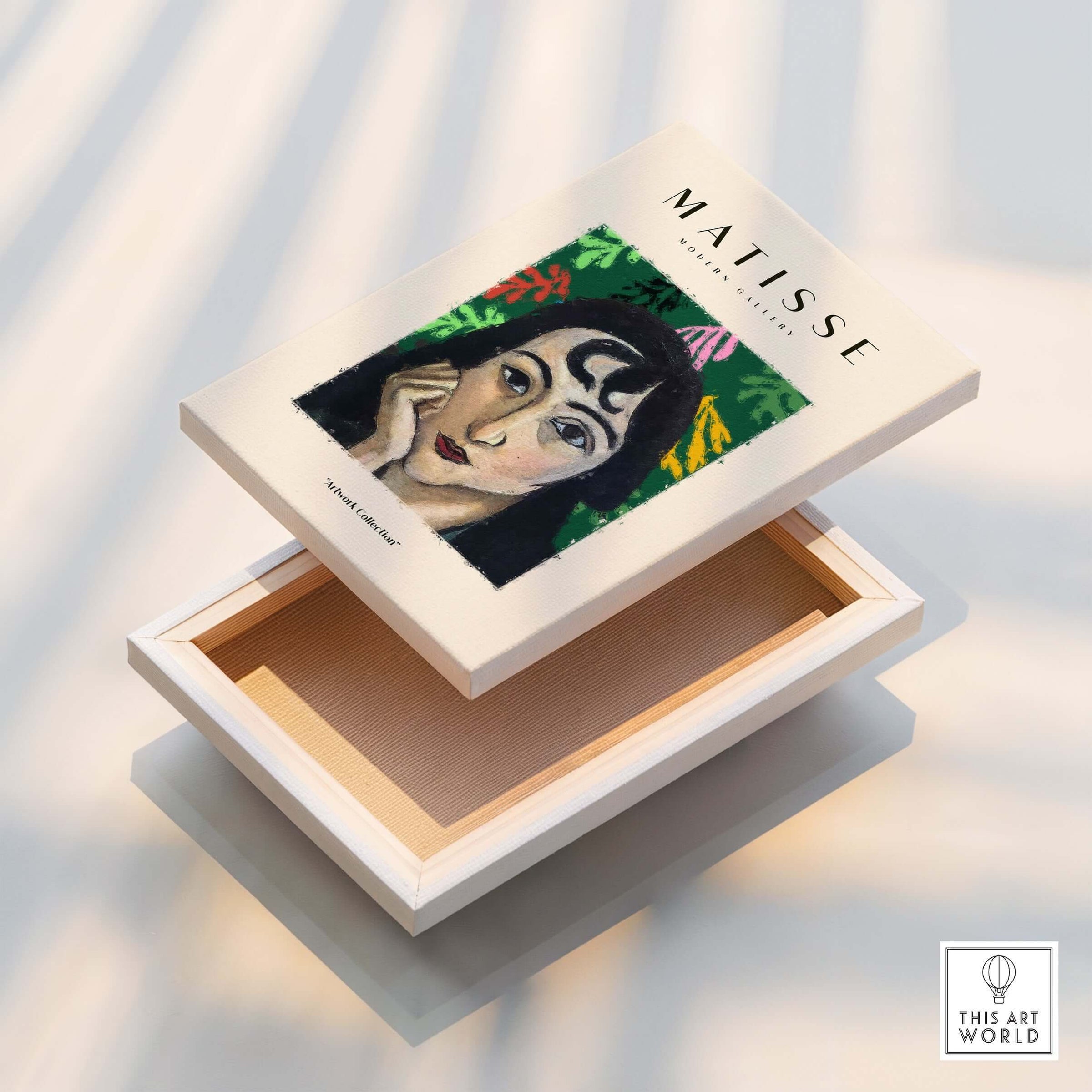 Matisse Art Prints - Pensive Woman Poster displayed on a decorative box with vibrant artwork.