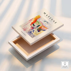 Matisse Art Prints - Abstract Fauvist Poster displayed on an open wooden box showcasing colorful artwork.