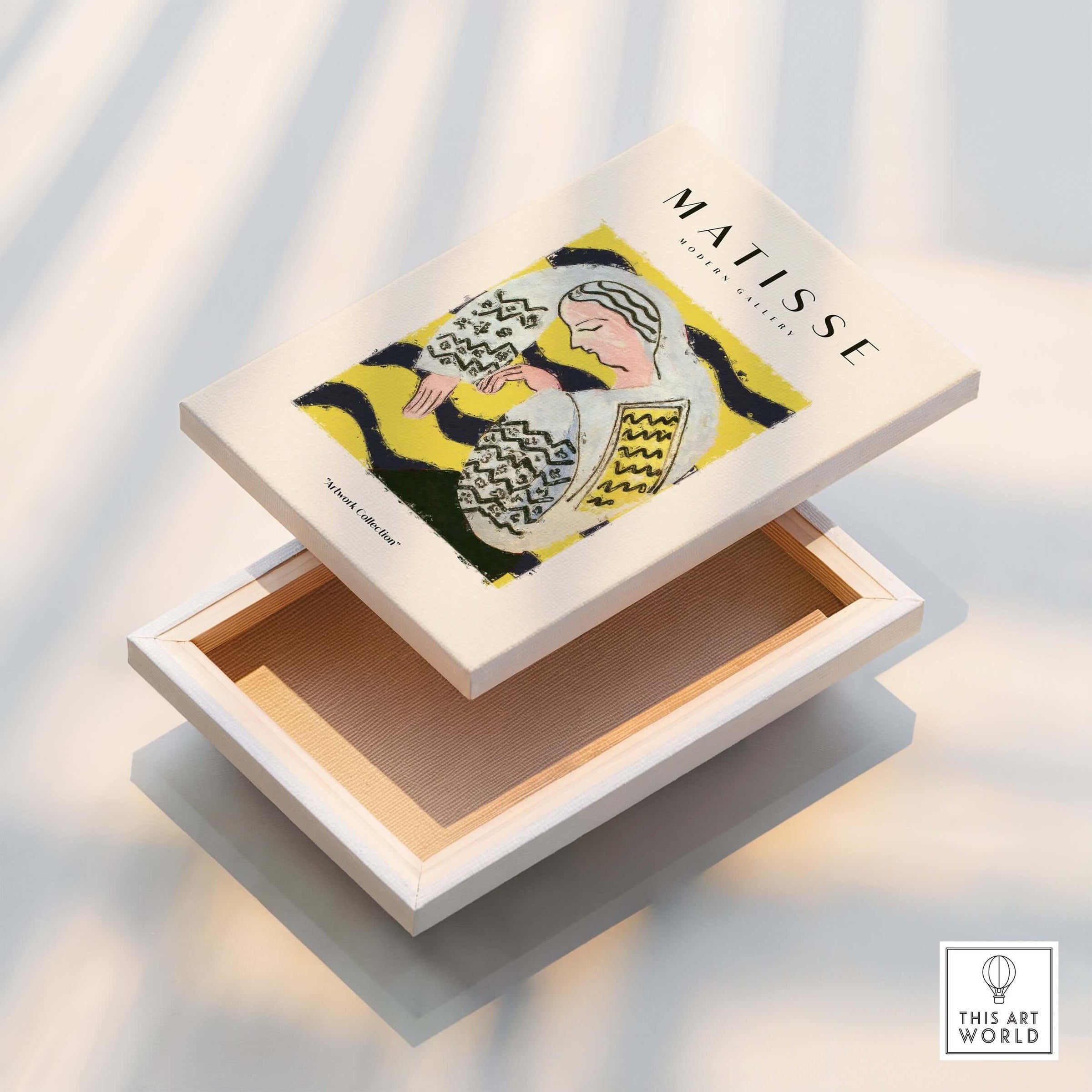 Matisse Art Prints - Resting Woman Patterned Blouse Yellow art box featuring a colorful illustration and decorative design.