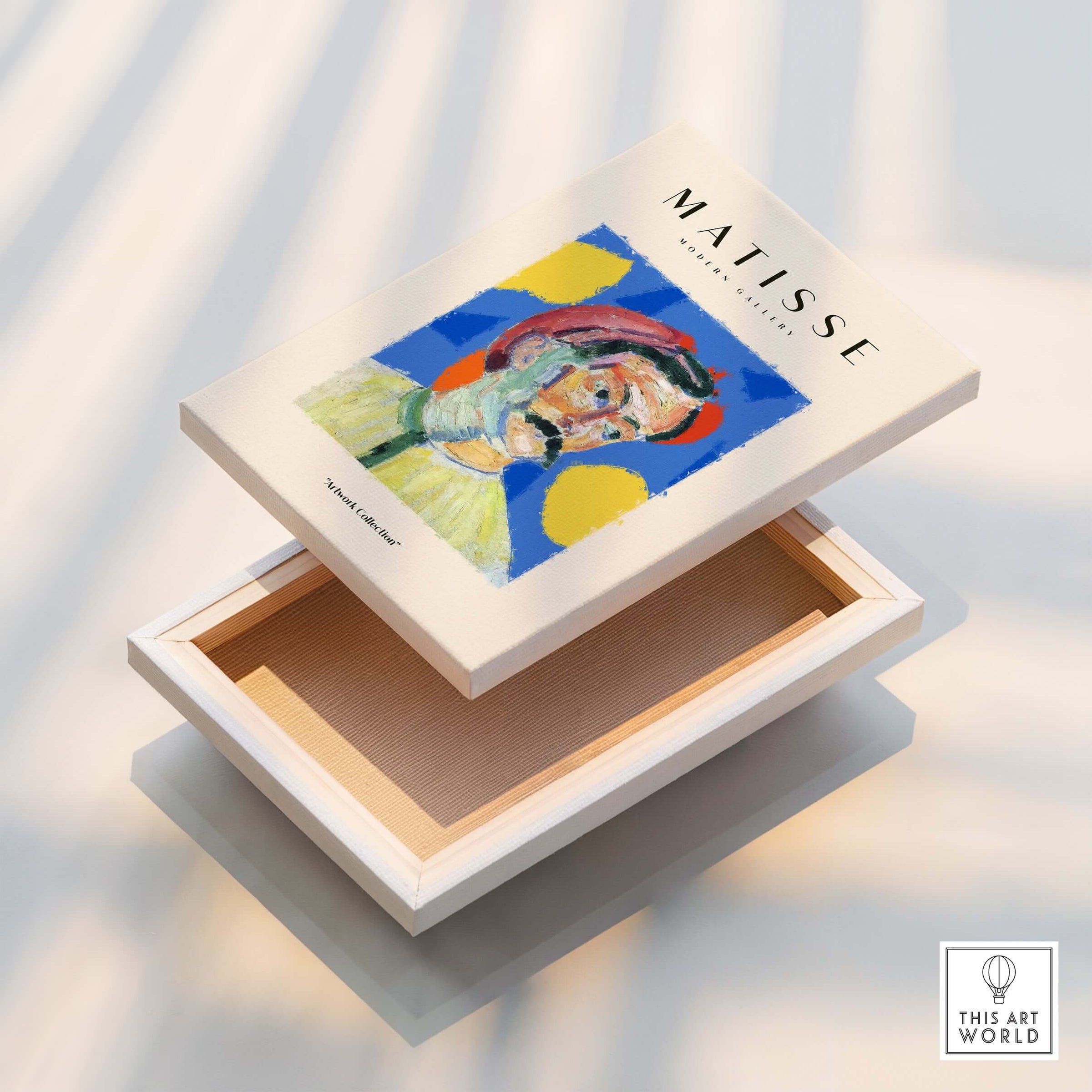 Matisse Art Prints - Abstract Man Portrait Poster displayed on a box with colorful design, emphasizing artistic style.