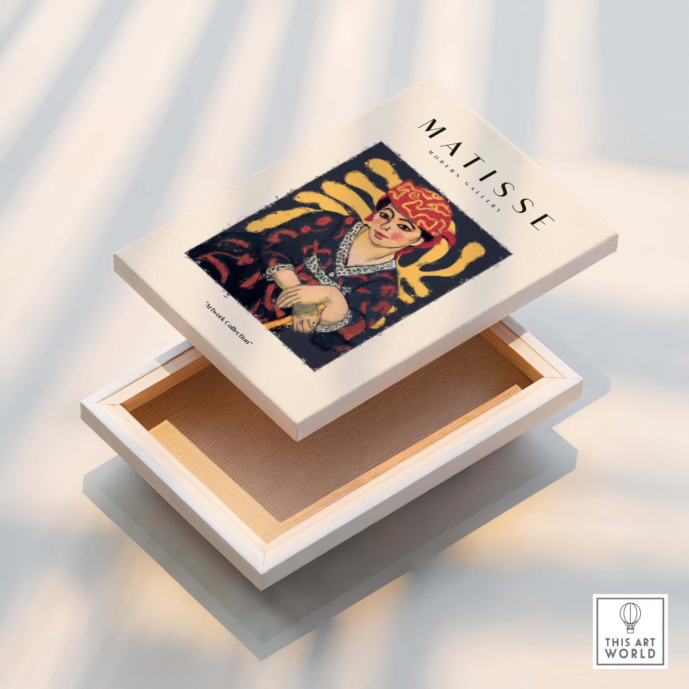 Matisse Art Prints -  Woman in Patterned Hat & Dress Poster on a decorative box with vibrant design.