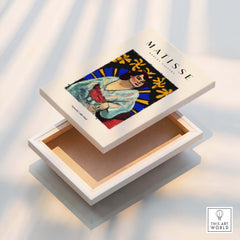 Matisse Art Prints - Woman Robe Abstract Stained Glass Effect Poster displayed on a wooden box with a colorful design.