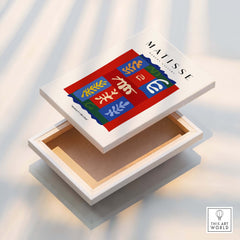 Matisse Art Prints - Patchwork Shapes Composition Poster displayed on an open box with colorful abstract design.