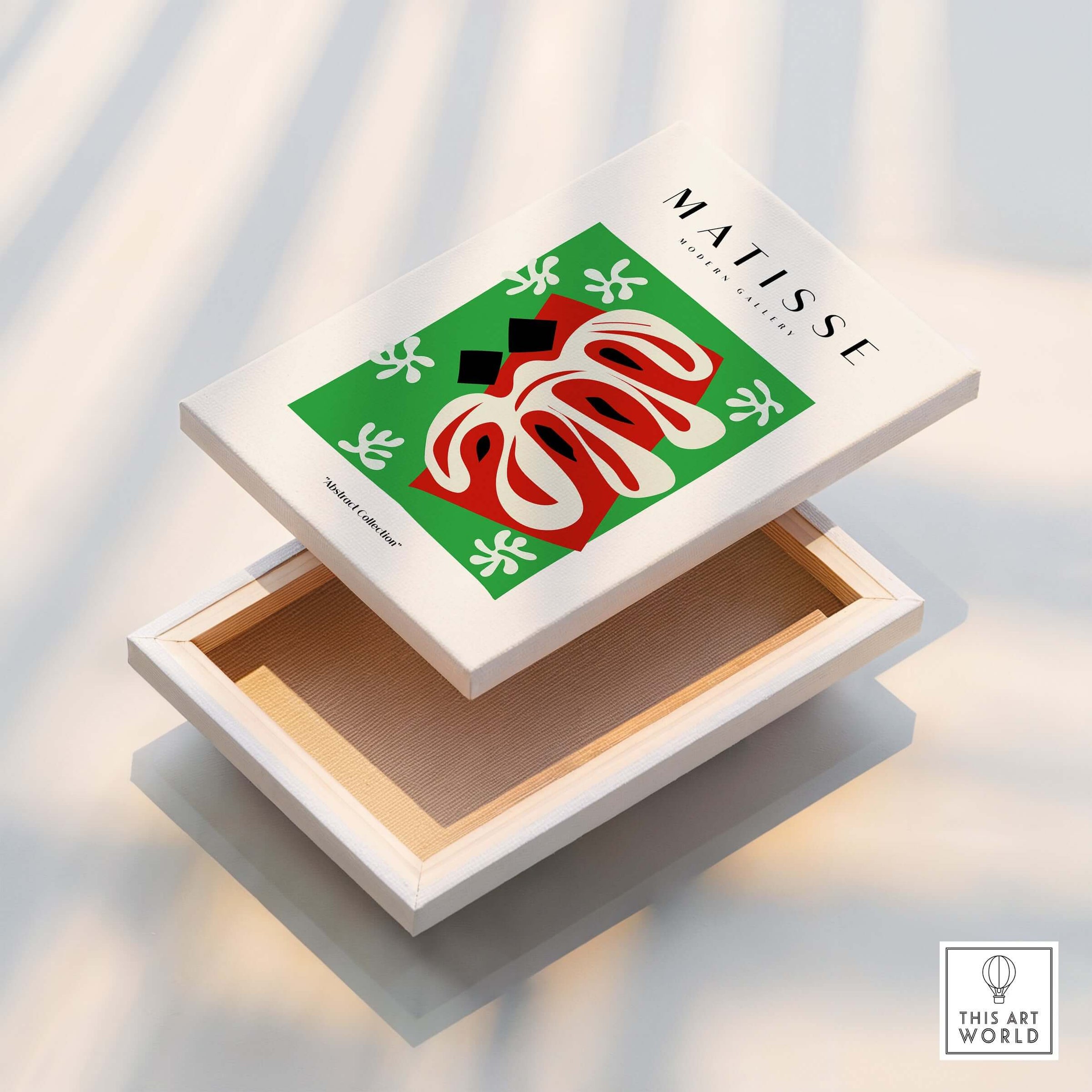 Matisse Art Prints -  Abstract Shape Red Green Poster displayed on a box, featuring vibrant colors and strong graphic design.