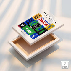 Matisse Art Prints -  Complex Abstract Botanical Patchwork Poster, open art box showcasing vibrant abstract designs.