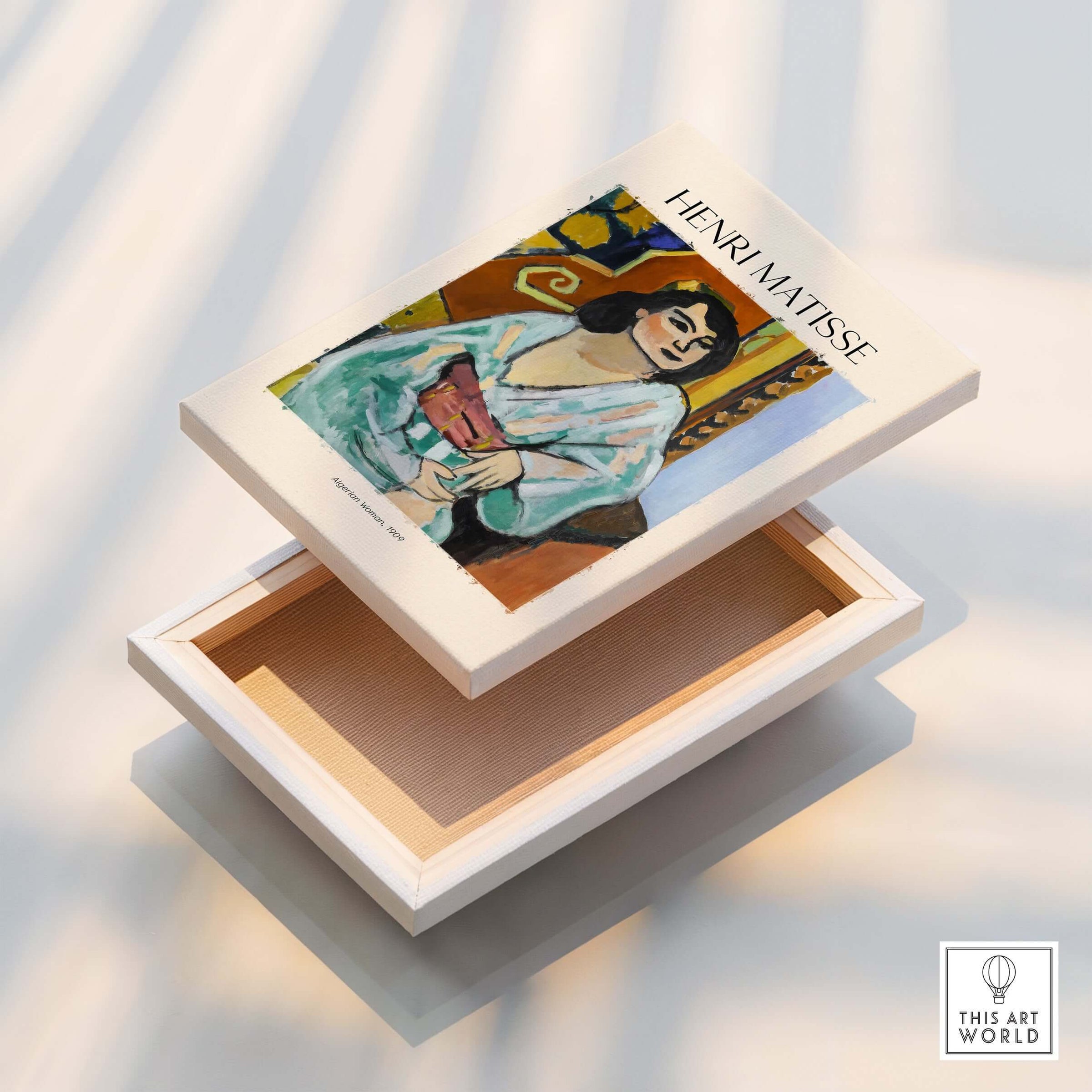 Matisse Poster - Algerian Woman 1909 Fauvist Wall Art Print displayed on an open box showcasing its artistic cover.