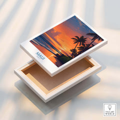 Maui Hawaii Poster | Vibrant Island Coastline Scene Canvas Print in a box with sunset and palm trees design.