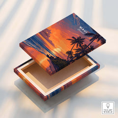 Maui Hawaii Travel Poster | Golden Hour Ocean Sunset Wall Art Print on wooden box with sunset landscape design.