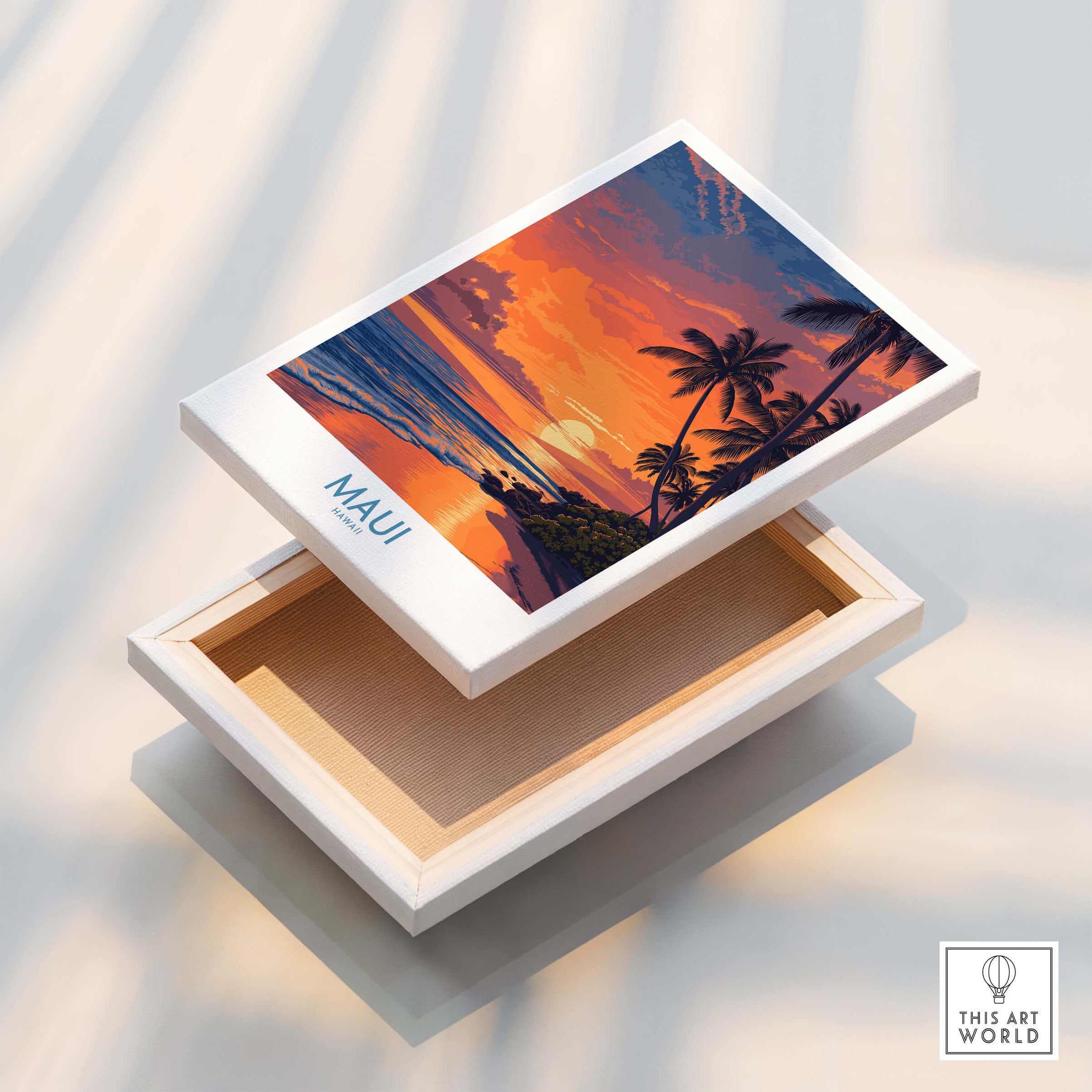Maui Hawaii Canvas Print | Serene Tropical Beach Landscape Poster displayed on a decorative box with sunset design.