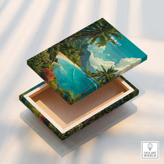 Maui Hawaii Wall Art Print | Lush Tropical Mountain Coast Travel Poster displayed on a decorative box showcasing tropical scenery.