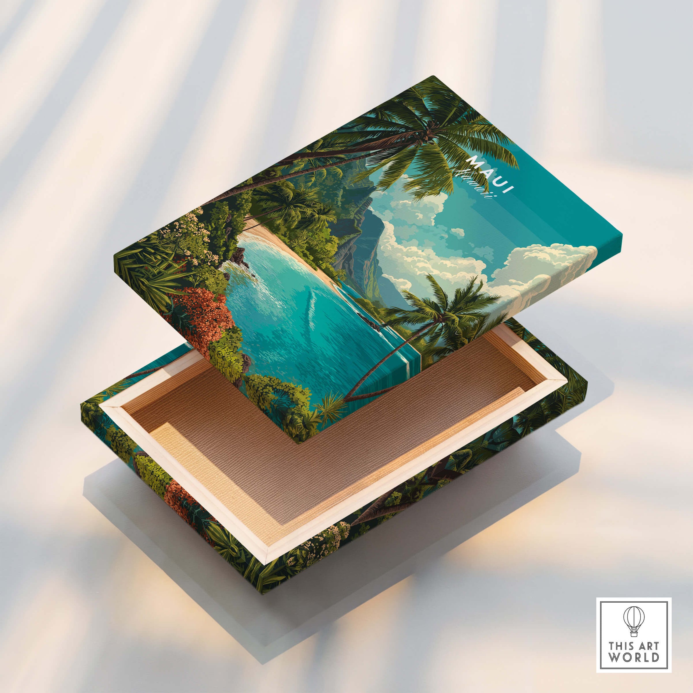 Maui Hawaii Wall Art Print | Lush Tropical Mountain Coast Travel Poster displayed on a decorative box showcasing tropical scenery.