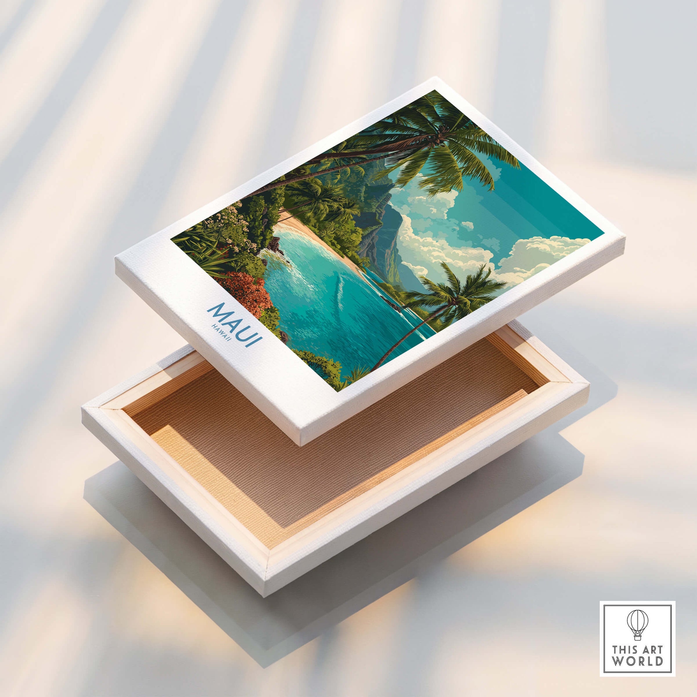 Maui Hawaii Poster | Exotic Island Paradise Shoreline Canvas Print displayed on a beautiful wooden box.