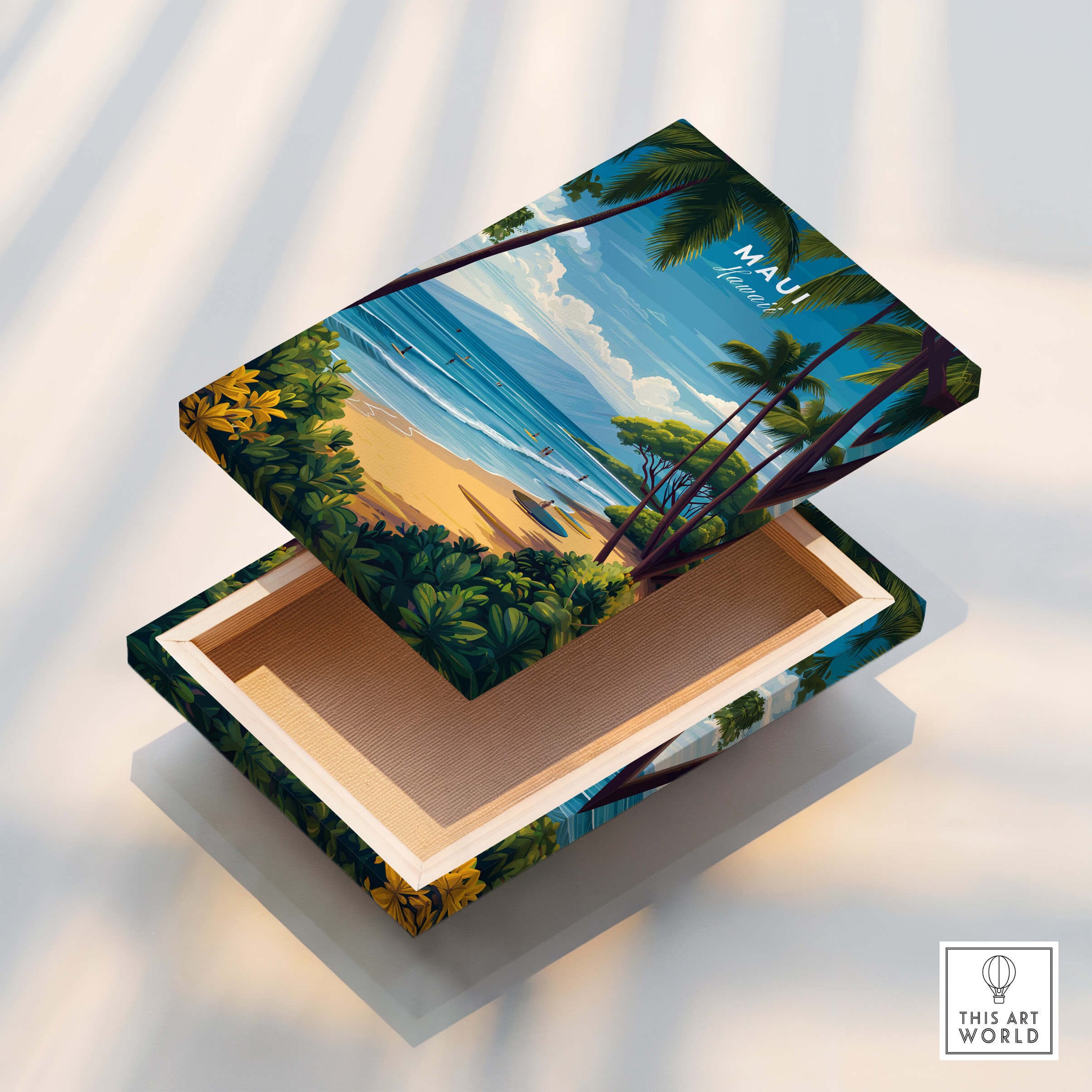 Maui Hawaii Travel Poster | Sunny Surfing Beach Wall Art Print decorative box showcasing vibrant beach artwork.