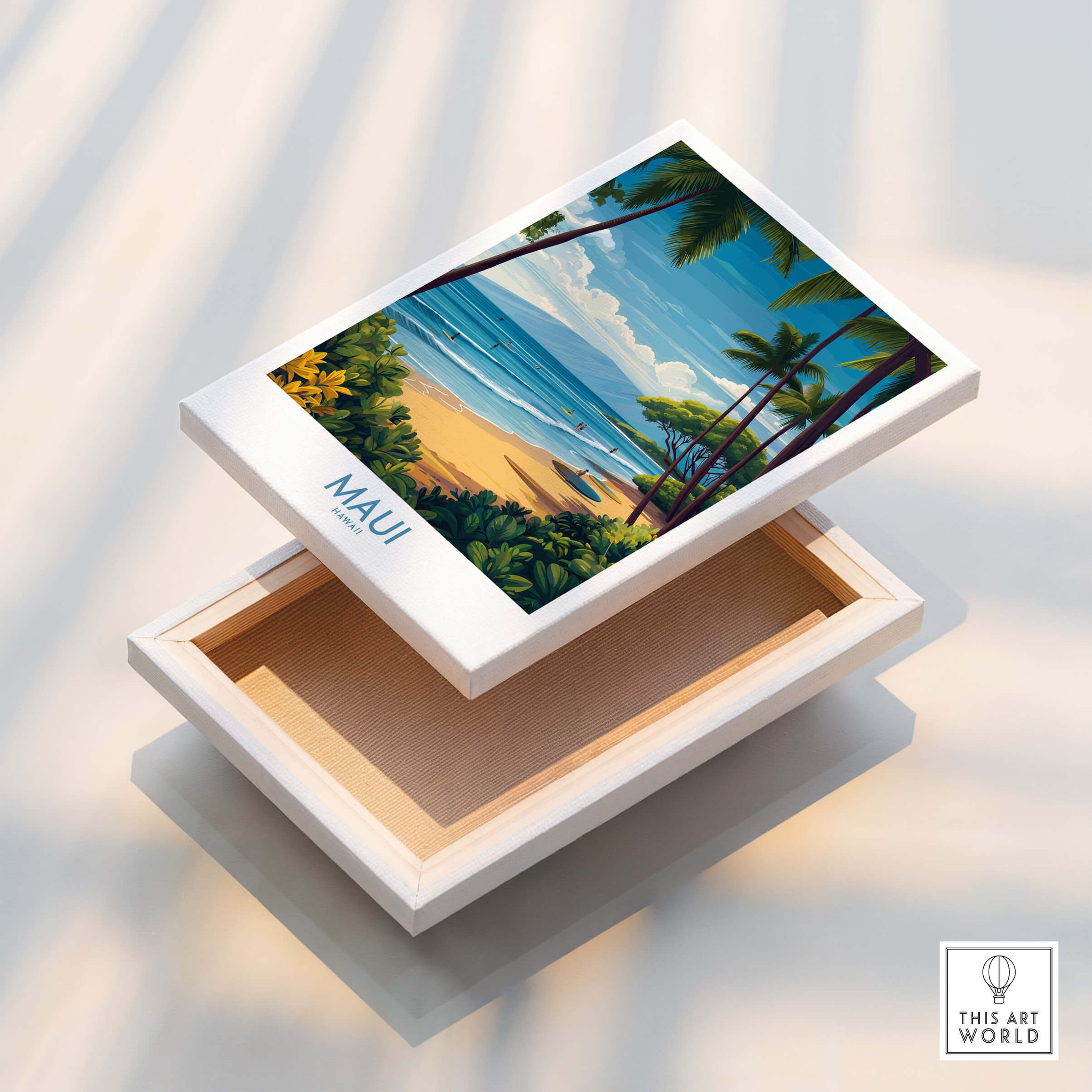 Maui Canvas Print | Hawaii Tropical Palm Trees & Waves Poster displayed on a white box, showcasing a vibrant beach scene.