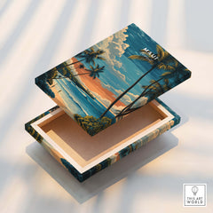 Maui Wall Art Print | Hawaii Evening Coastal Landscape Travel Poster on a decorative box showcasing vibrant tropical scenery.
