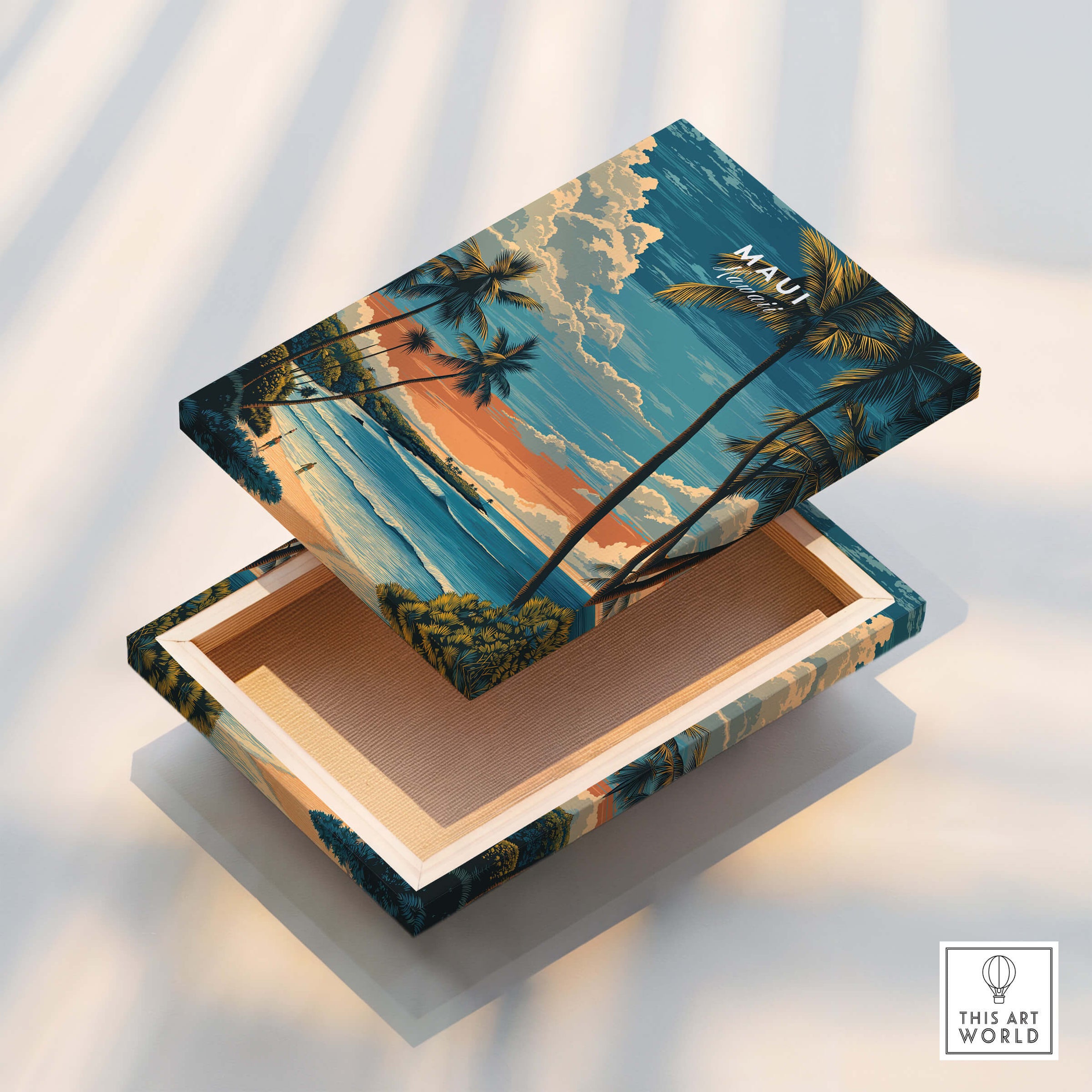 Maui Wall Art Print | Hawaii Evening Coastal Landscape Travel Poster on a decorative box showcasing vibrant tropical scenery.
