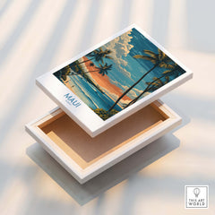 Maui Hawaii Poster | Tropical Twilight Shoreline Canvas Print displayed on a stylish box.