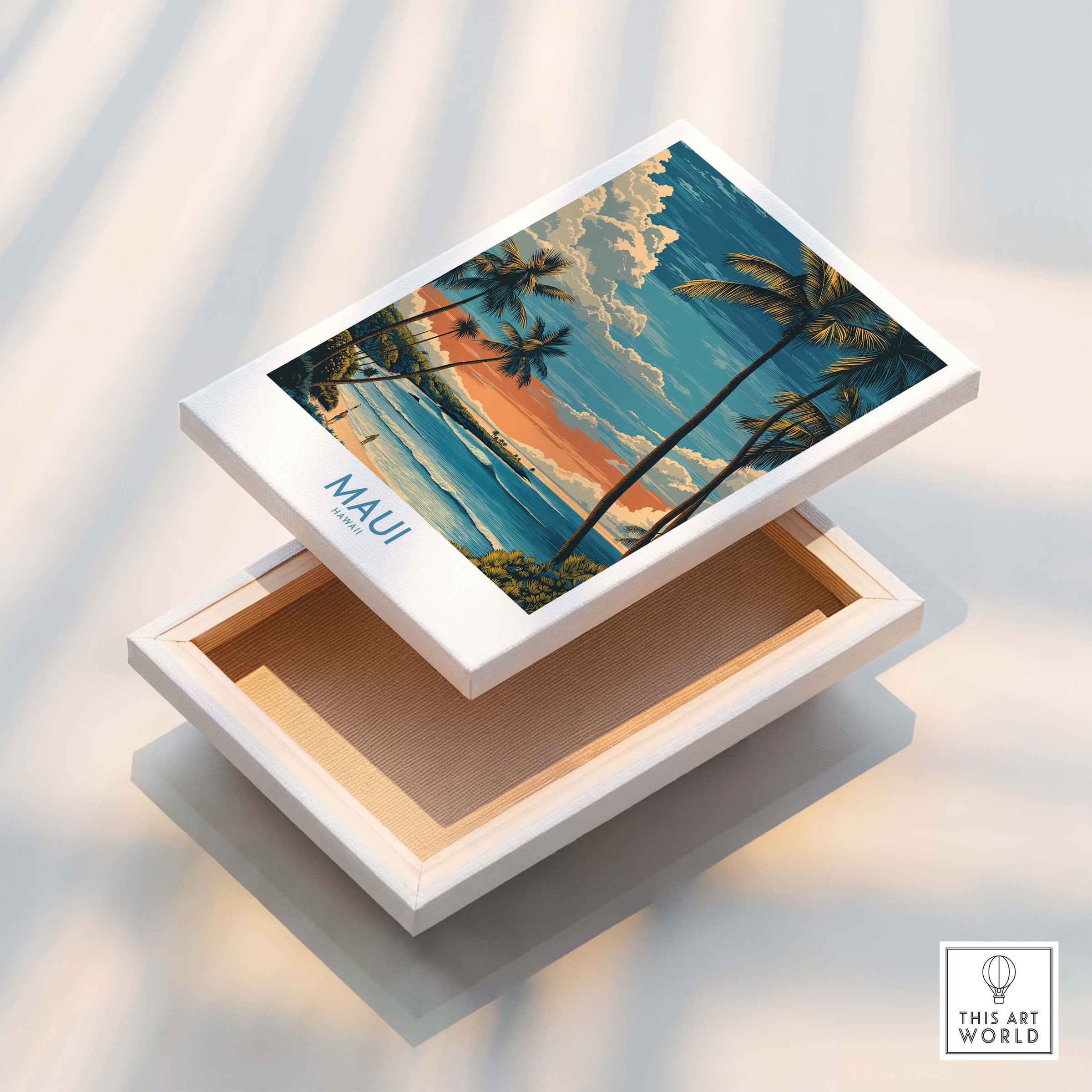 Maui Hawaii Poster | Tropical Twilight Shoreline Canvas Print displayed on a stylish box.