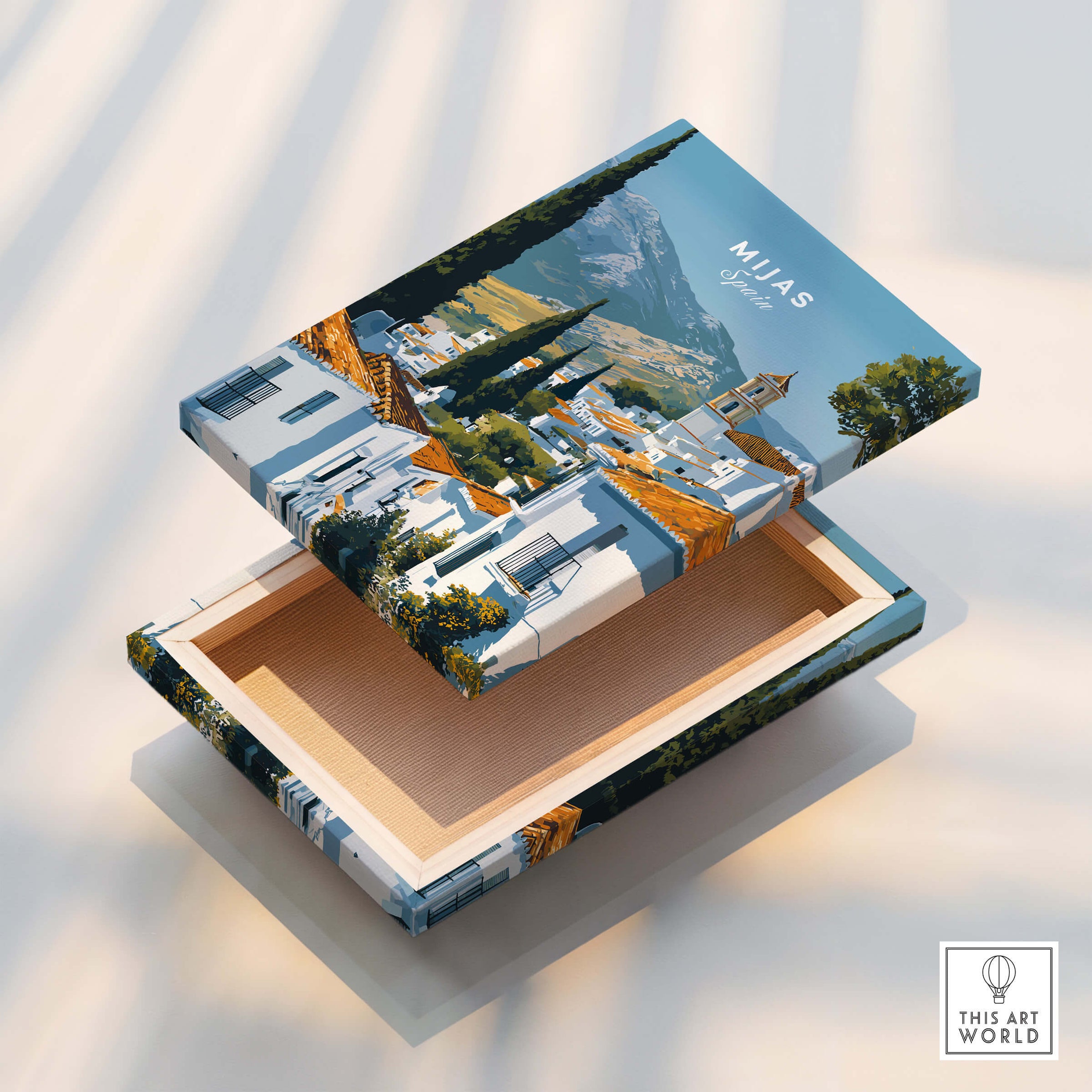 Mijas Spain Wall Art Print | Andalusian White Village Travel Poster box design featuring charming hilltop village scenery.