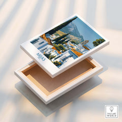 Mijas Spain Poster | Scenic Mountain Town Landscape Canvas Print displayed on a decorative box.