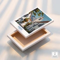 Mijas Spain Canvas Print | Historic Spanish Village Scene Poster displayed in a wooden box with a beautiful village image.